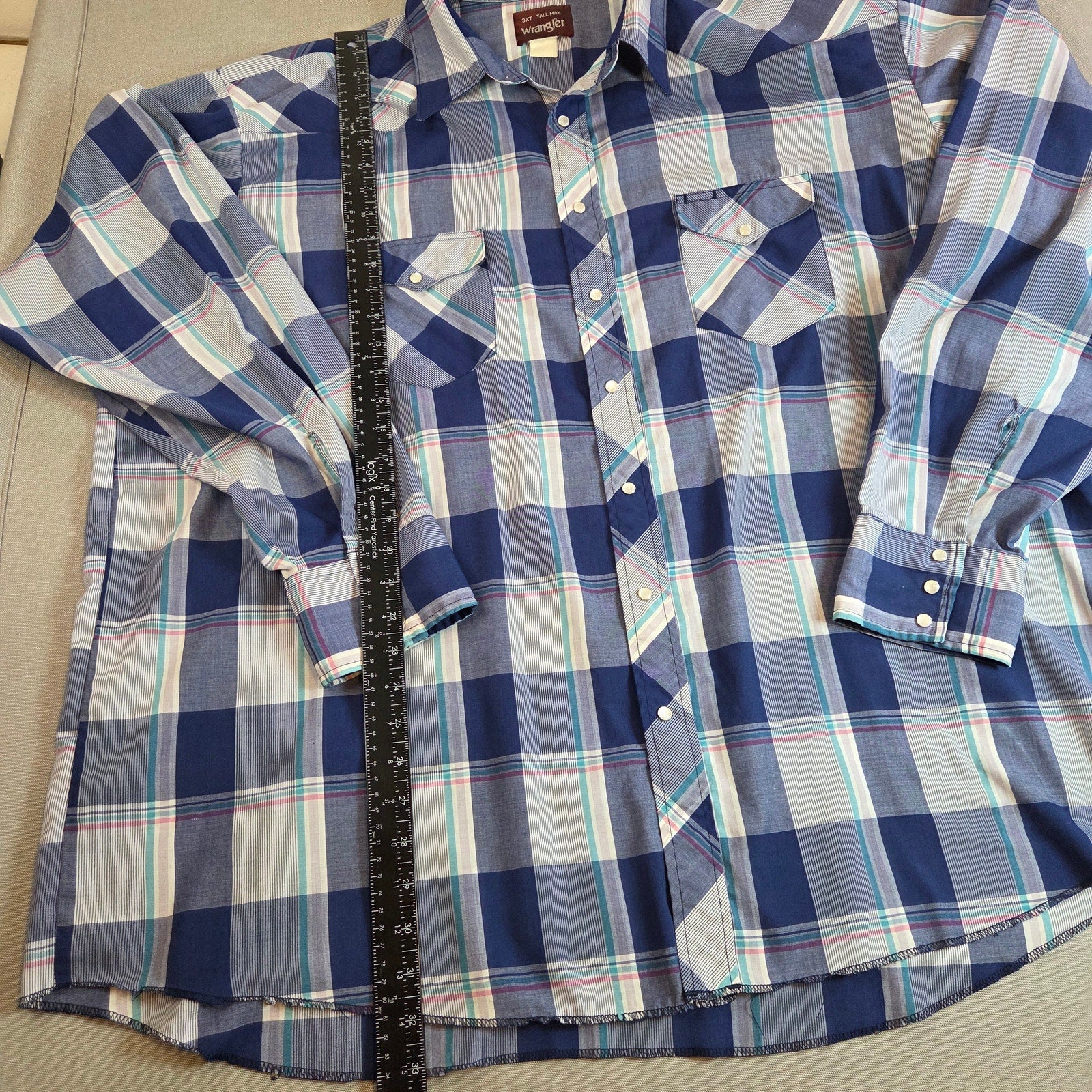 Wrangler 3XT Tall Man Pearl Snap Western Shirt Blue Plaid Flawed Sleeves