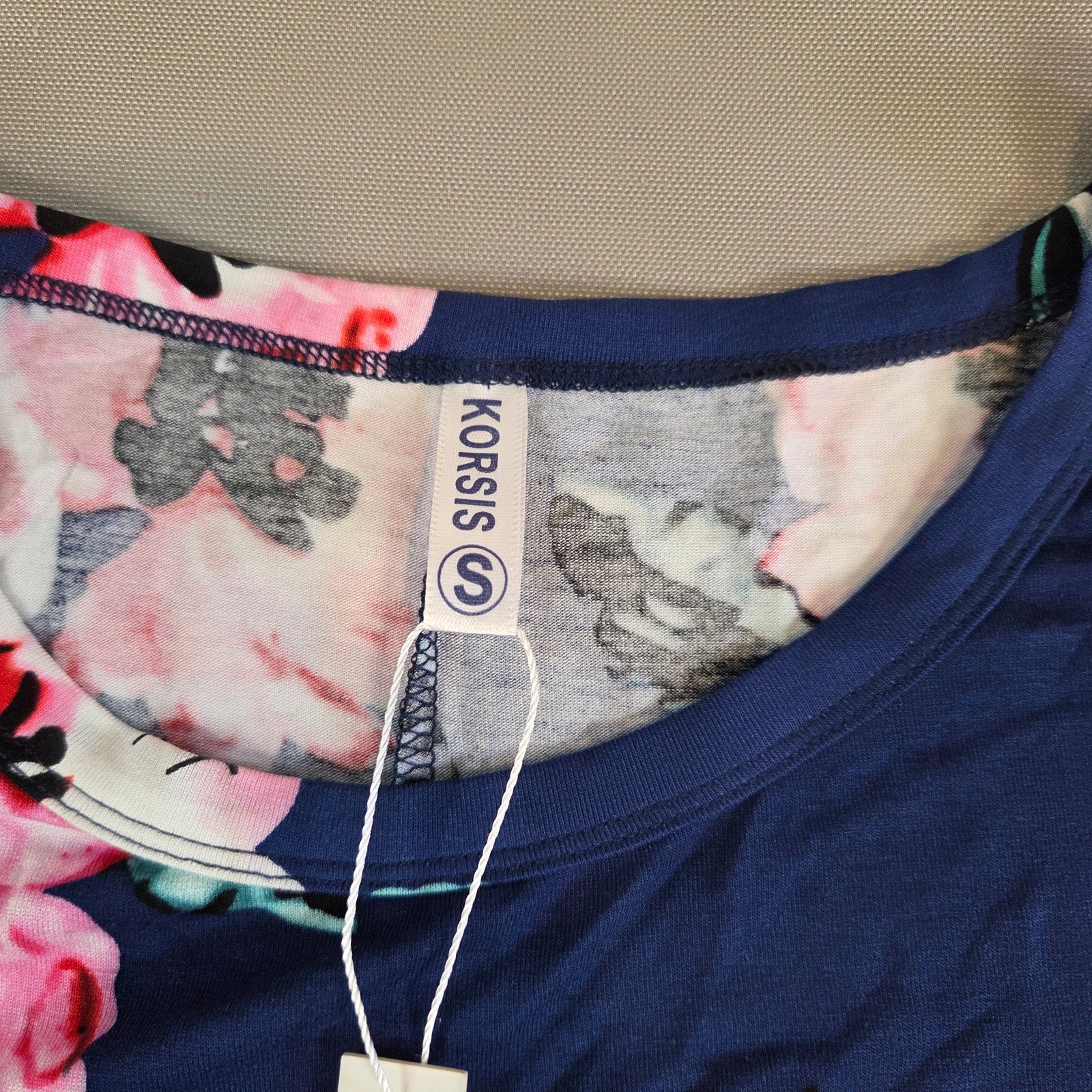 Korsis Blue Floral Dress Pink Rose Print Pockets Women’s Size S