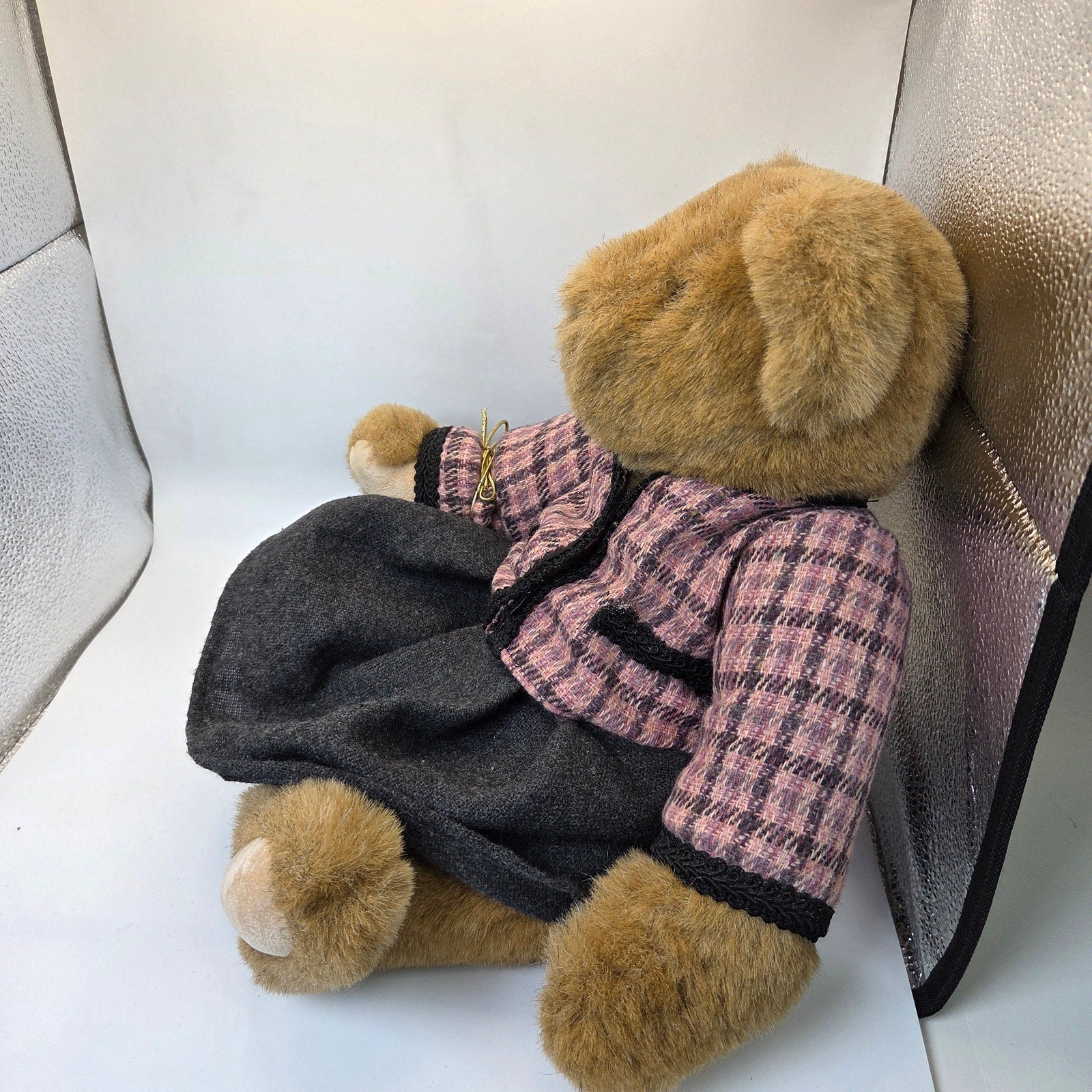 Vermont Teddy Bear Co 1994 Jointed Bear w Pink Plaid Outfit & Purse Made USA