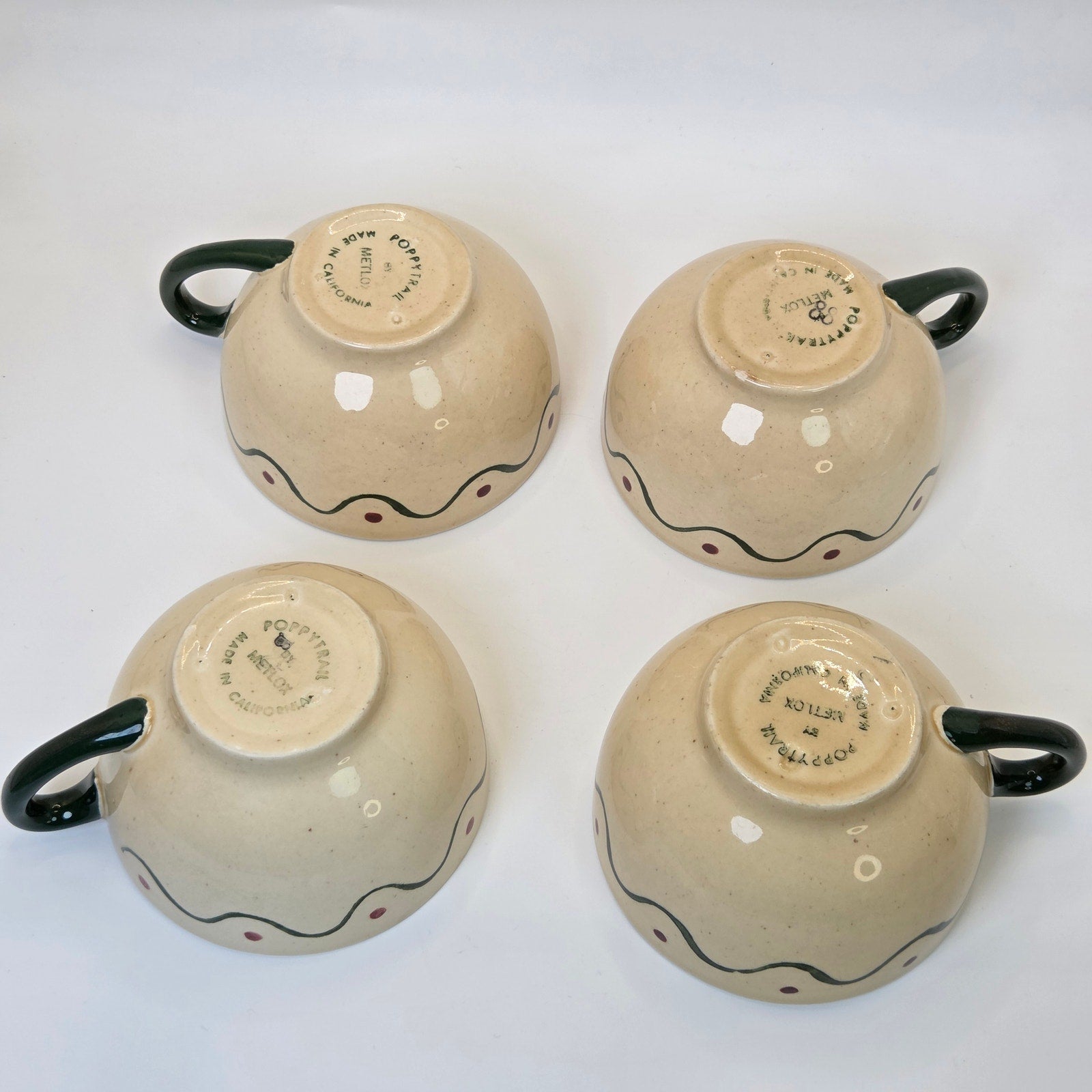 Vintage Metlox Poppytrail 4 Coffee Tea Cups California Pottery Set Green Handles