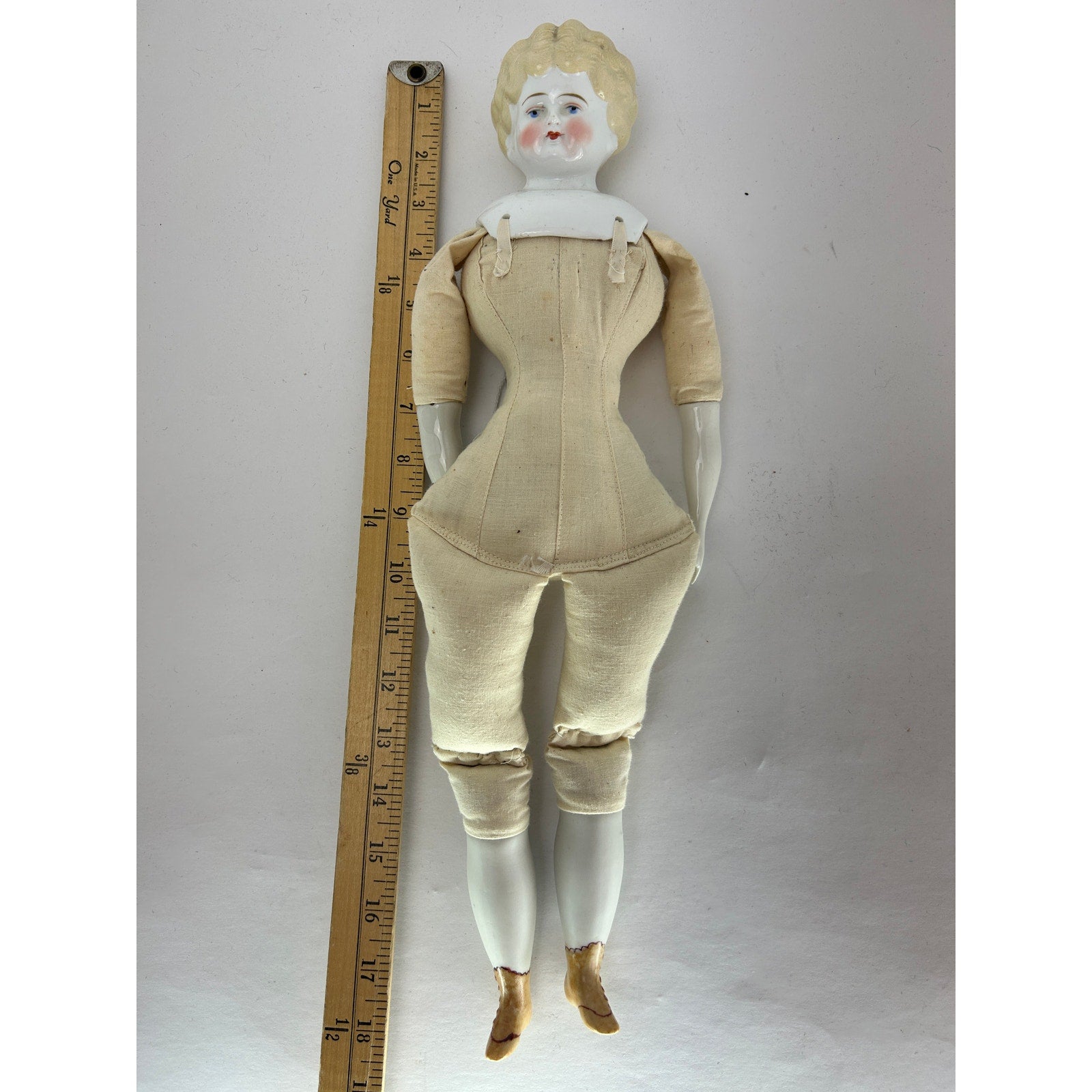 German 18 inch blonde China head doll 1890 turned head provenance attached