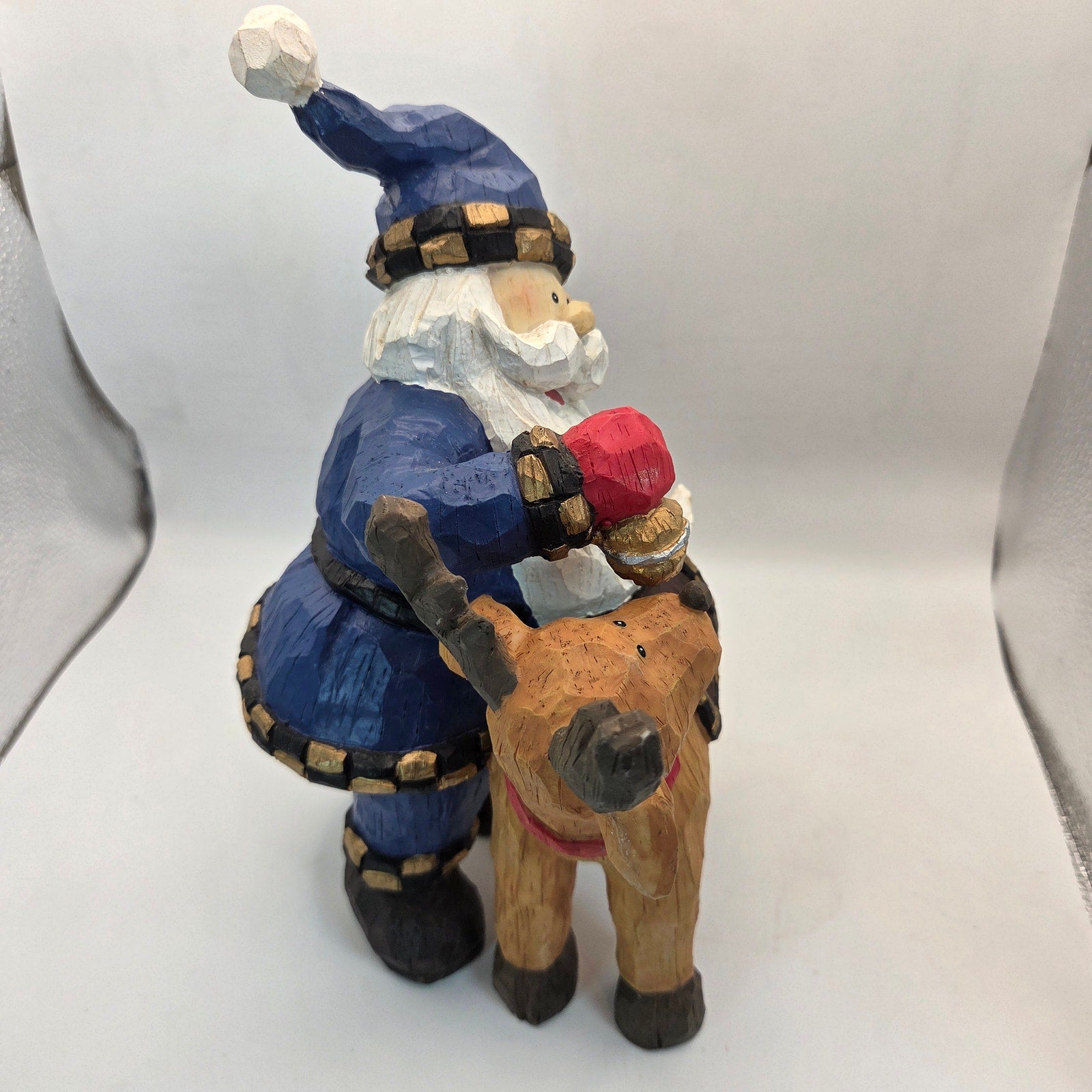 Blue Coat Santa Riding Reindeer Figurine Resin Christmas Decor 11”
