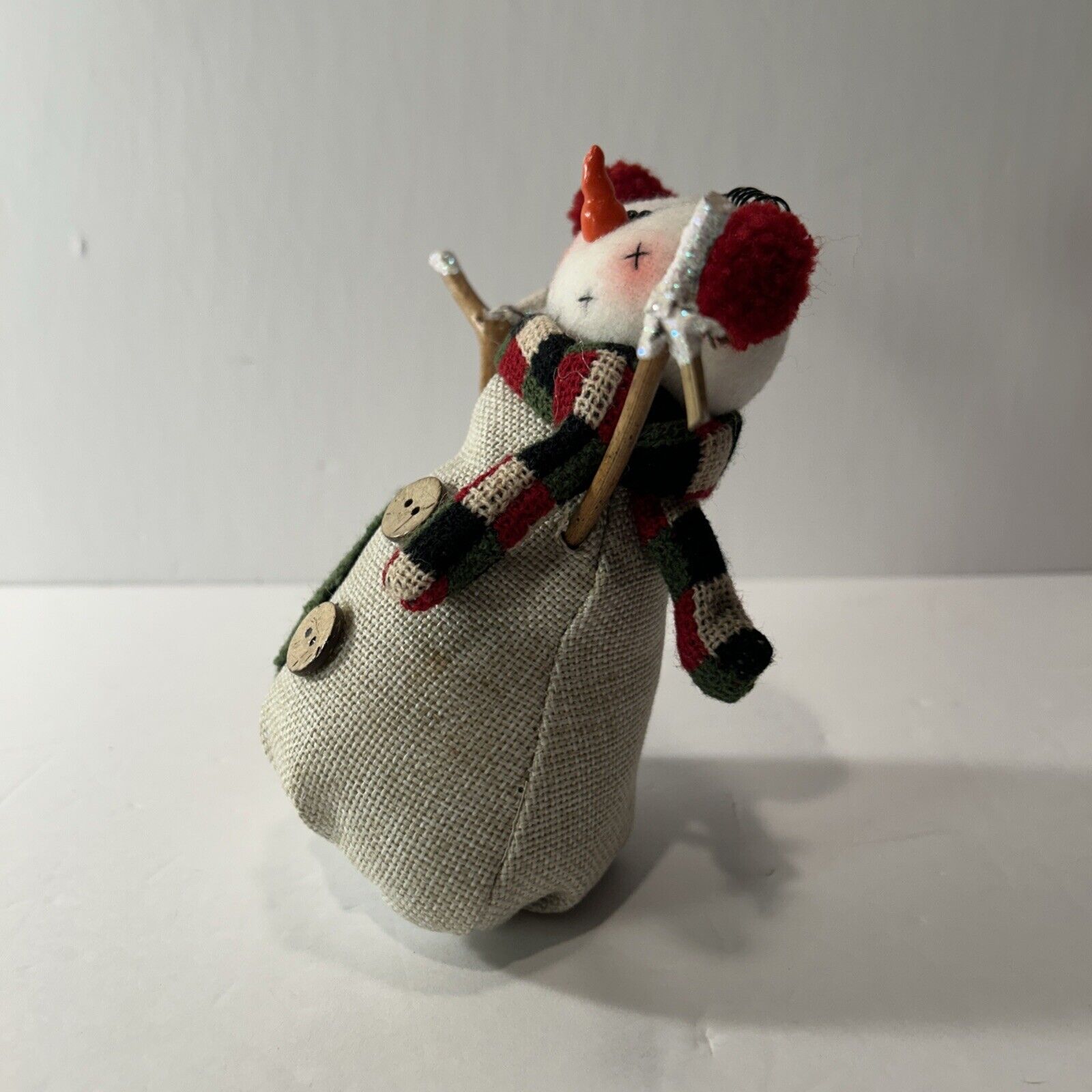 Rustic Fabric Snowman Figurine w/ Stick Arms, Earmuffs & Scarf 8" Country Decor