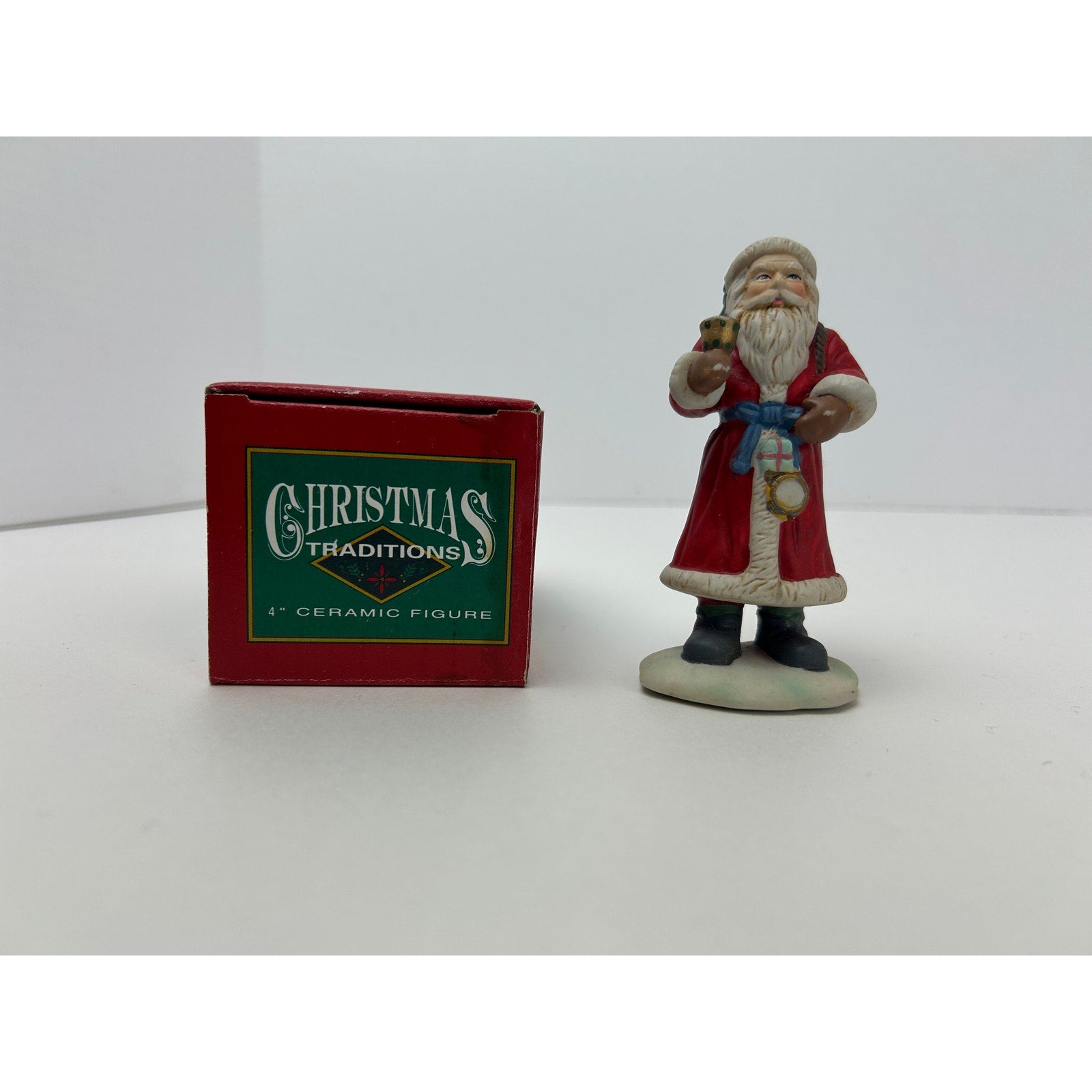 Christmas Traditions 4" Ceramic Santa Figurine Red Coat Hand Painted w Box