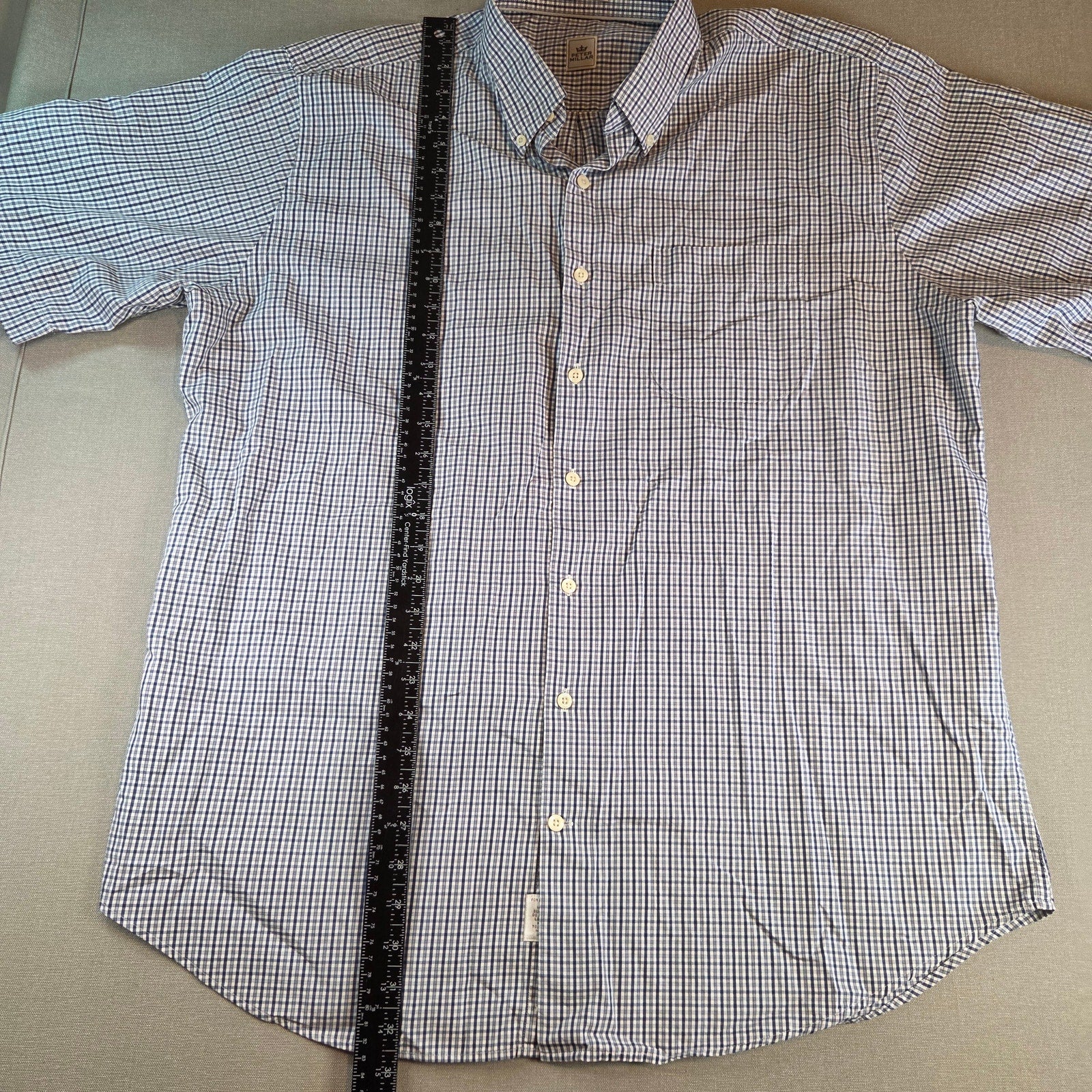Peter Millar XL Button Up Shirt Cotton Blue White Check Short Sleeve