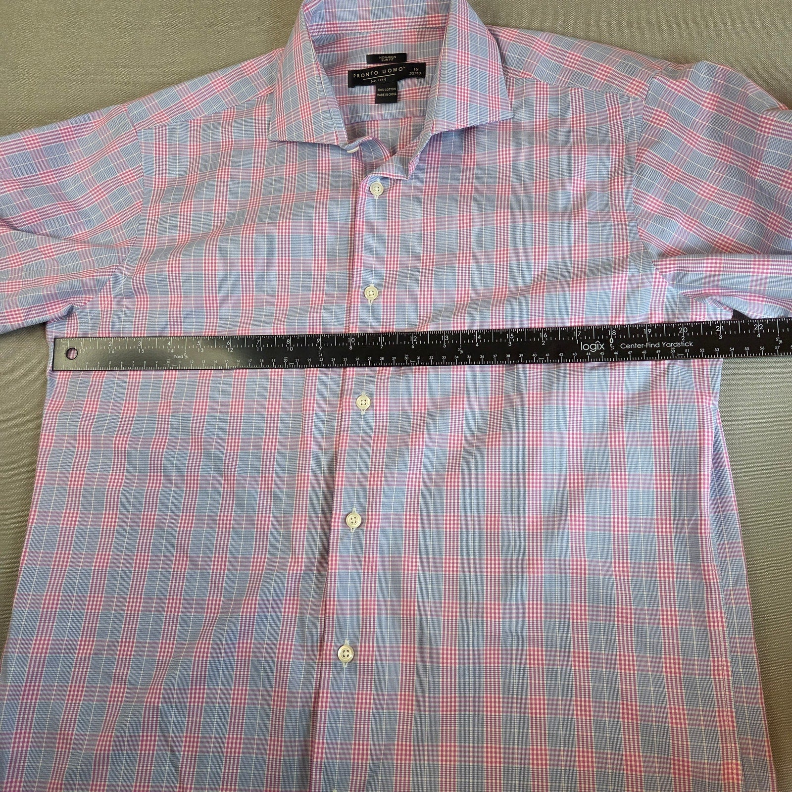 Pronto Uomo Slim Fit Non-Iron Pink Blue Plaid Dress Shirt 16 32/33