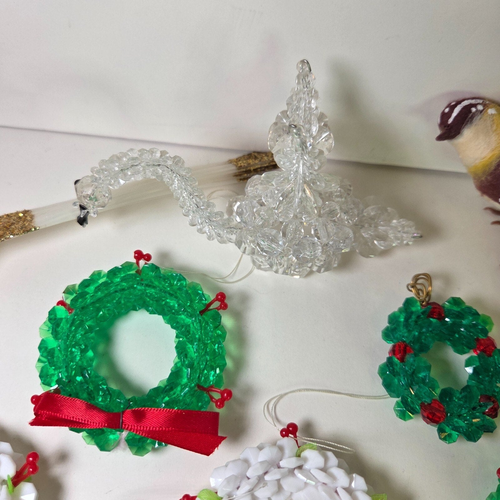 Vintage Handmade Beaded Christmas Ornaments Lot – Wreaths, Birds, More