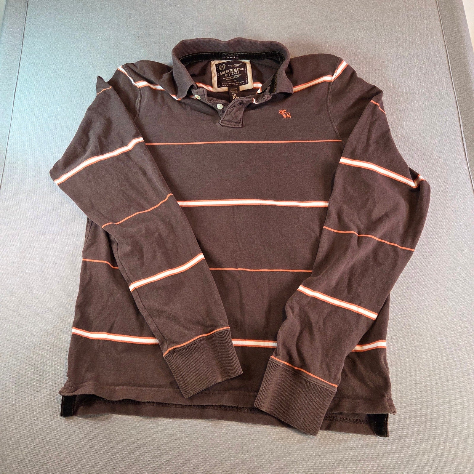 Abercrombie & Fitch Brown Striped Long Sleeve Polo Shirt XL Muscle Fit