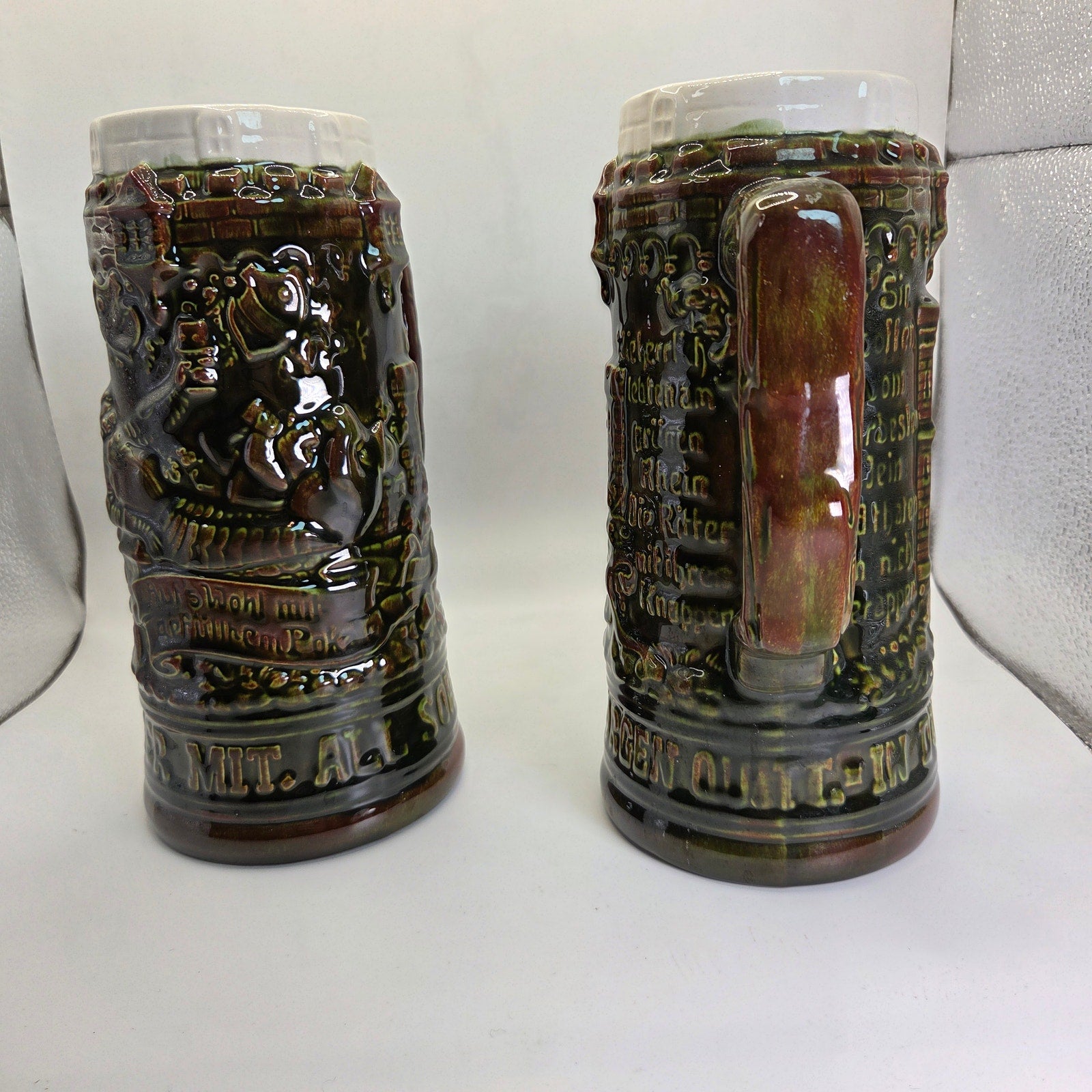 Vintage German Style Beer Steins Pair Signed “Sam :)” 8.5” Brown Glaze
