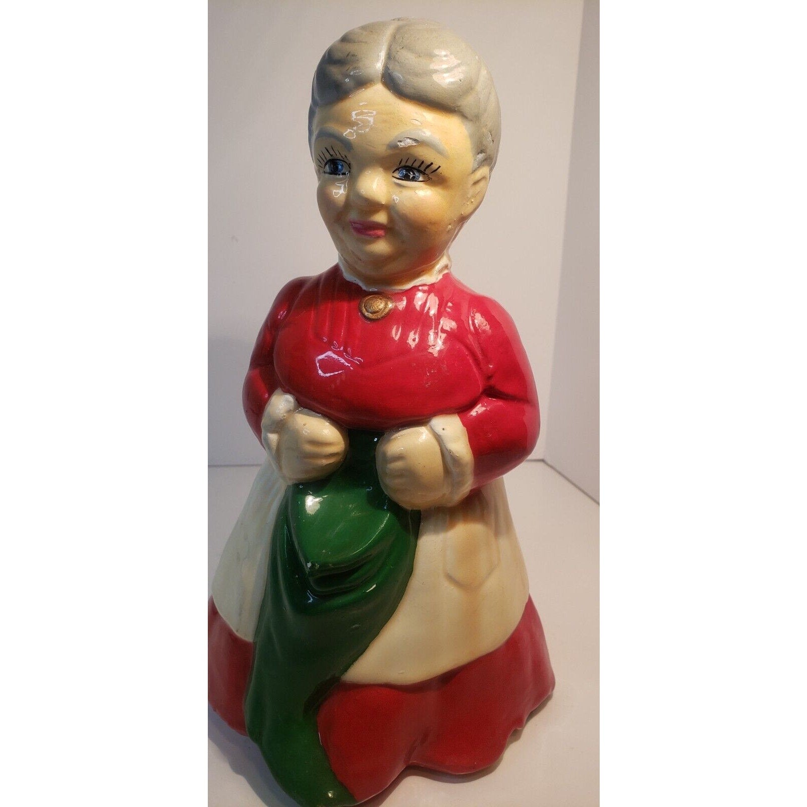 Vintage Ceramic Mrs. Claus Figurine Hand Painted Holding Stocking 10" Holiday