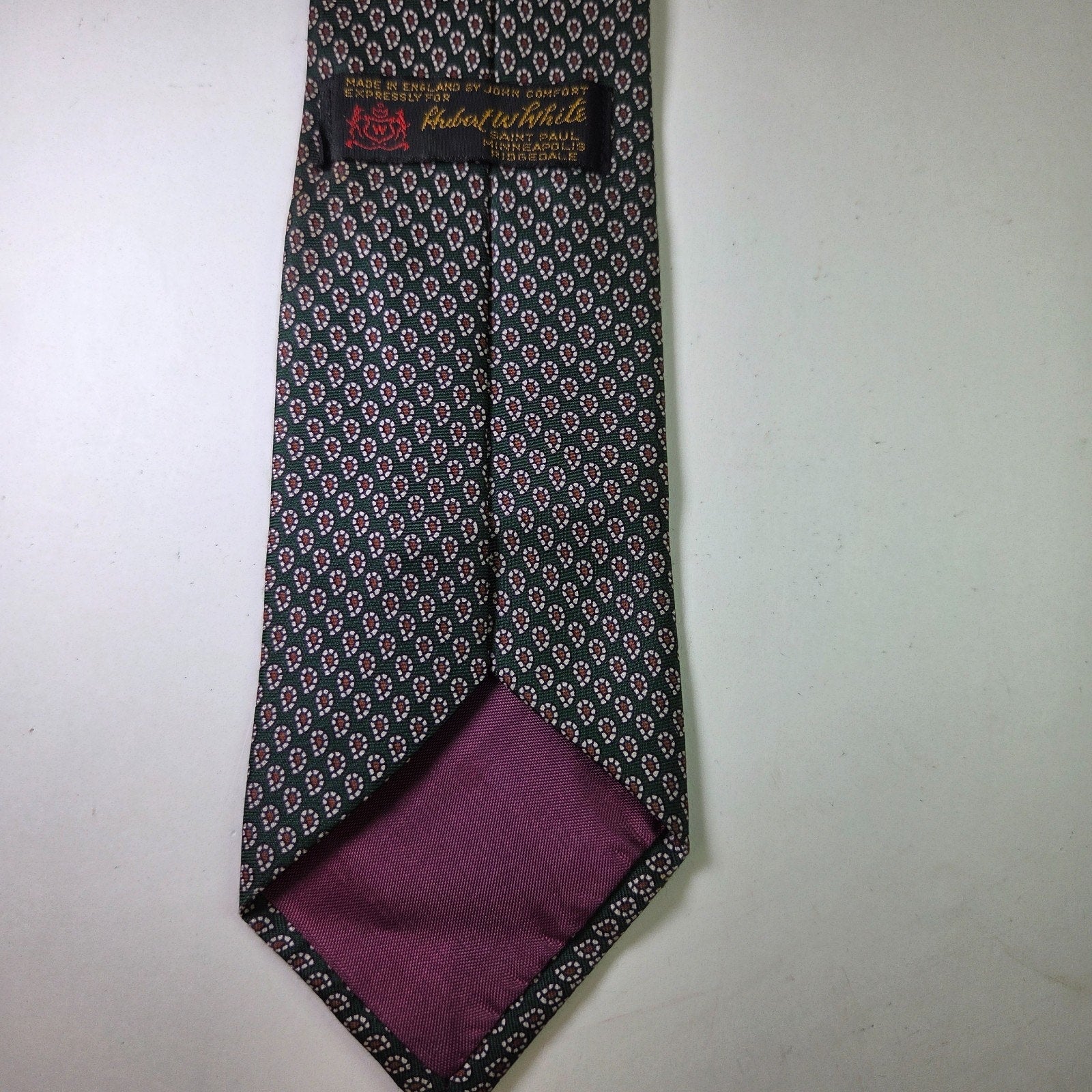 Robert White English Silk Tie Green Red Micro Paisley John Comfort Vintage