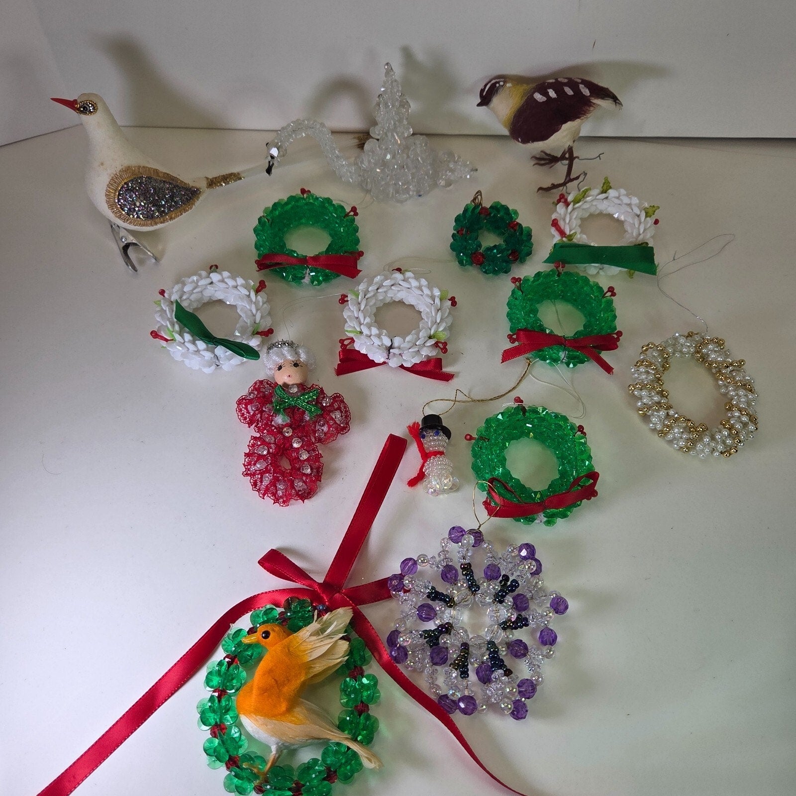 Vintage Handmade Beaded Christmas Ornaments Lot – Wreaths, Birds, More