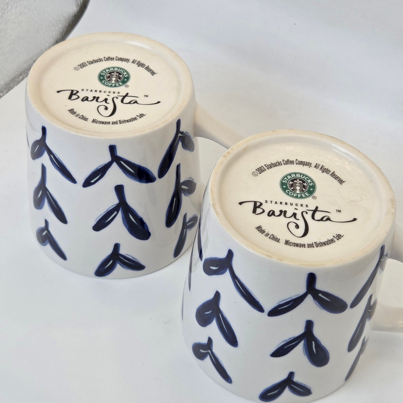 Starbucks 2003 Barista Blue Heart Pattern Ceramic Coffee Mugs Pair Set Rare