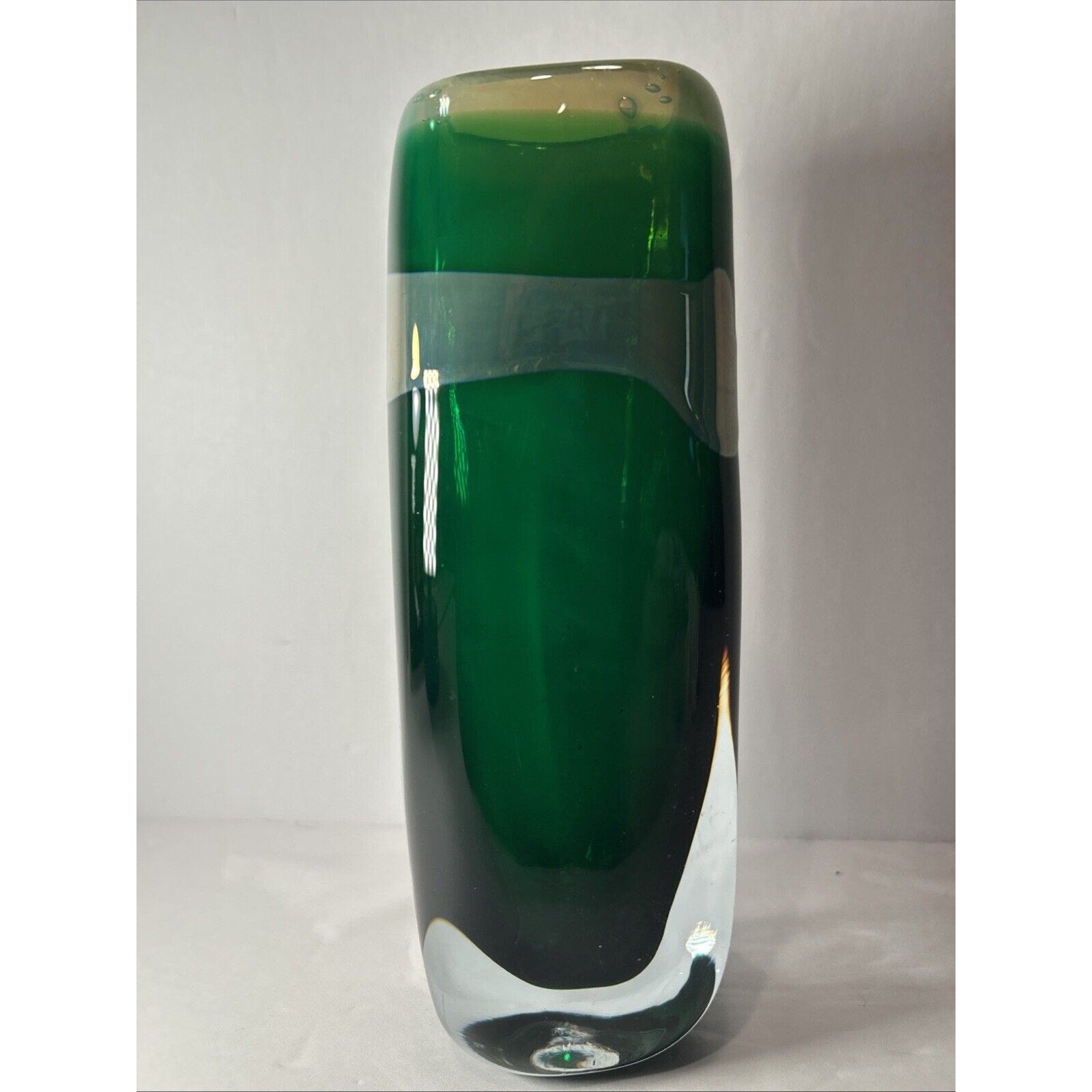 Signed Robert Doring Art Glass Vase Green & Clear Heavy Studio Glass 1990 8.5”
