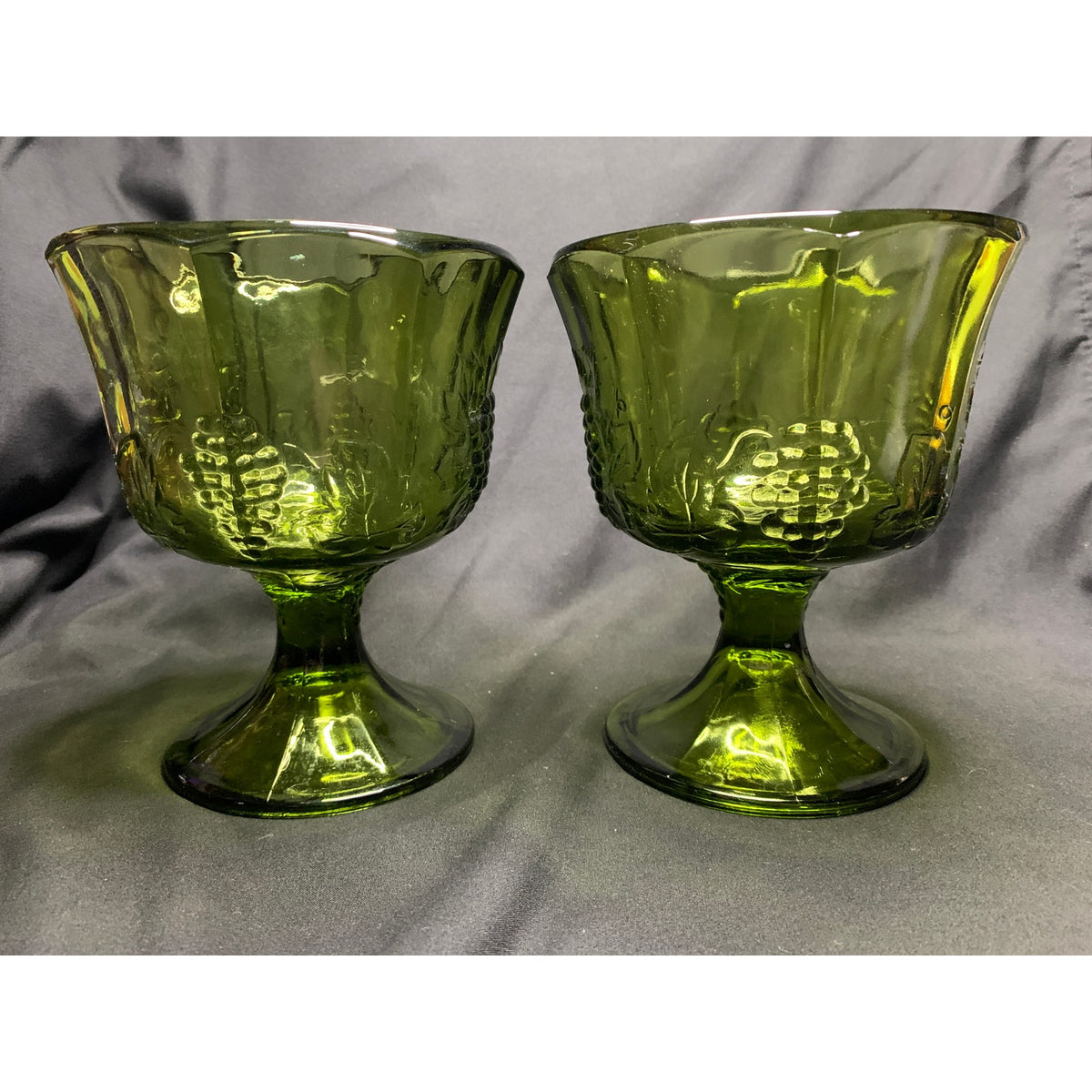 Vintage Indiana Glass Harvest Grape Olive Green Footed Sherbet Bowls Set 2