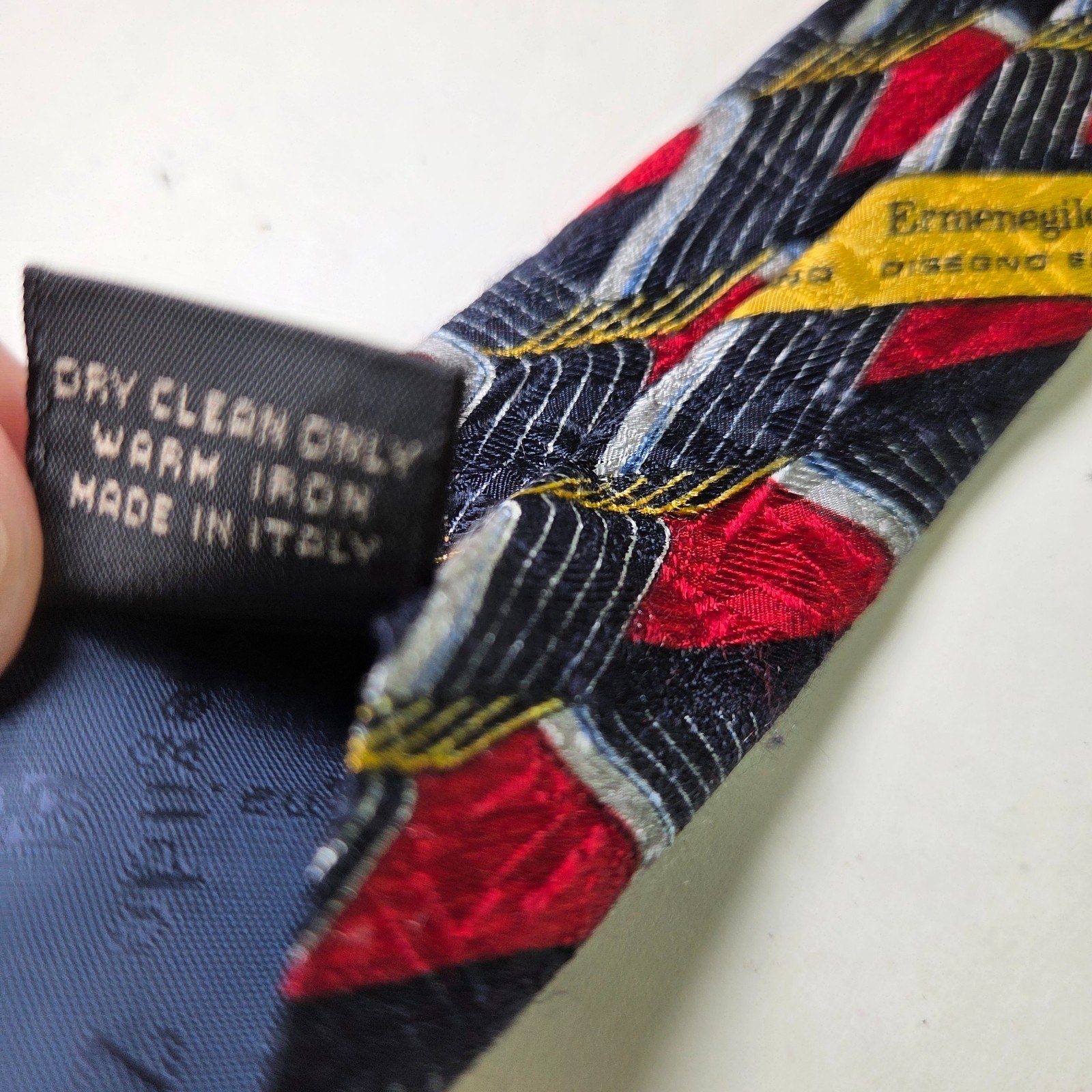 Ermenegildo Zegna Silk Tie Geometric Red Navy Gold Made in Italy 58"