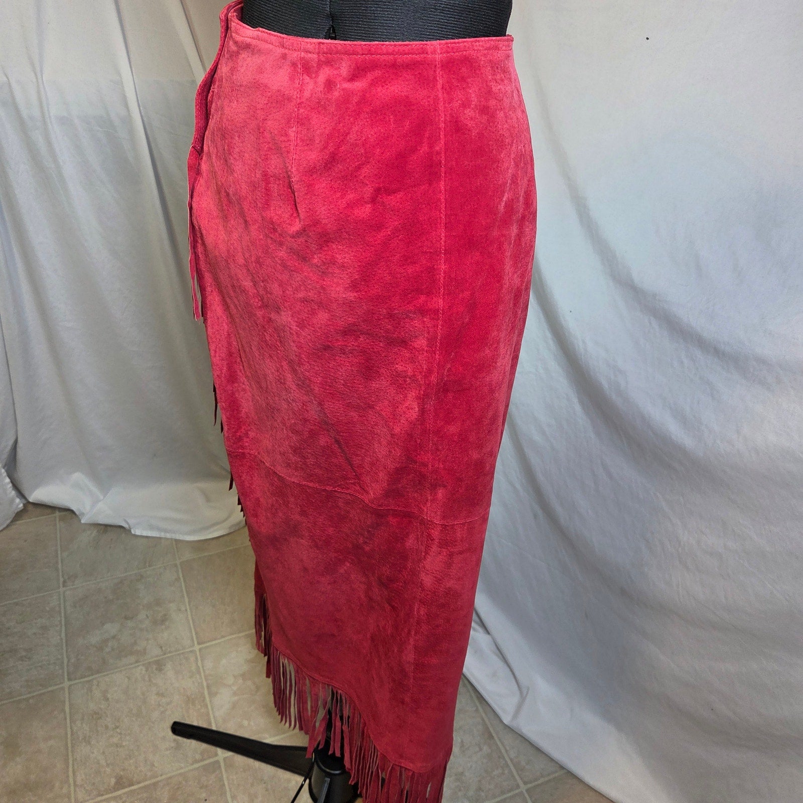 Newport News Red Leather Fringe Wrap Skirt Western Boho Women Size 14
