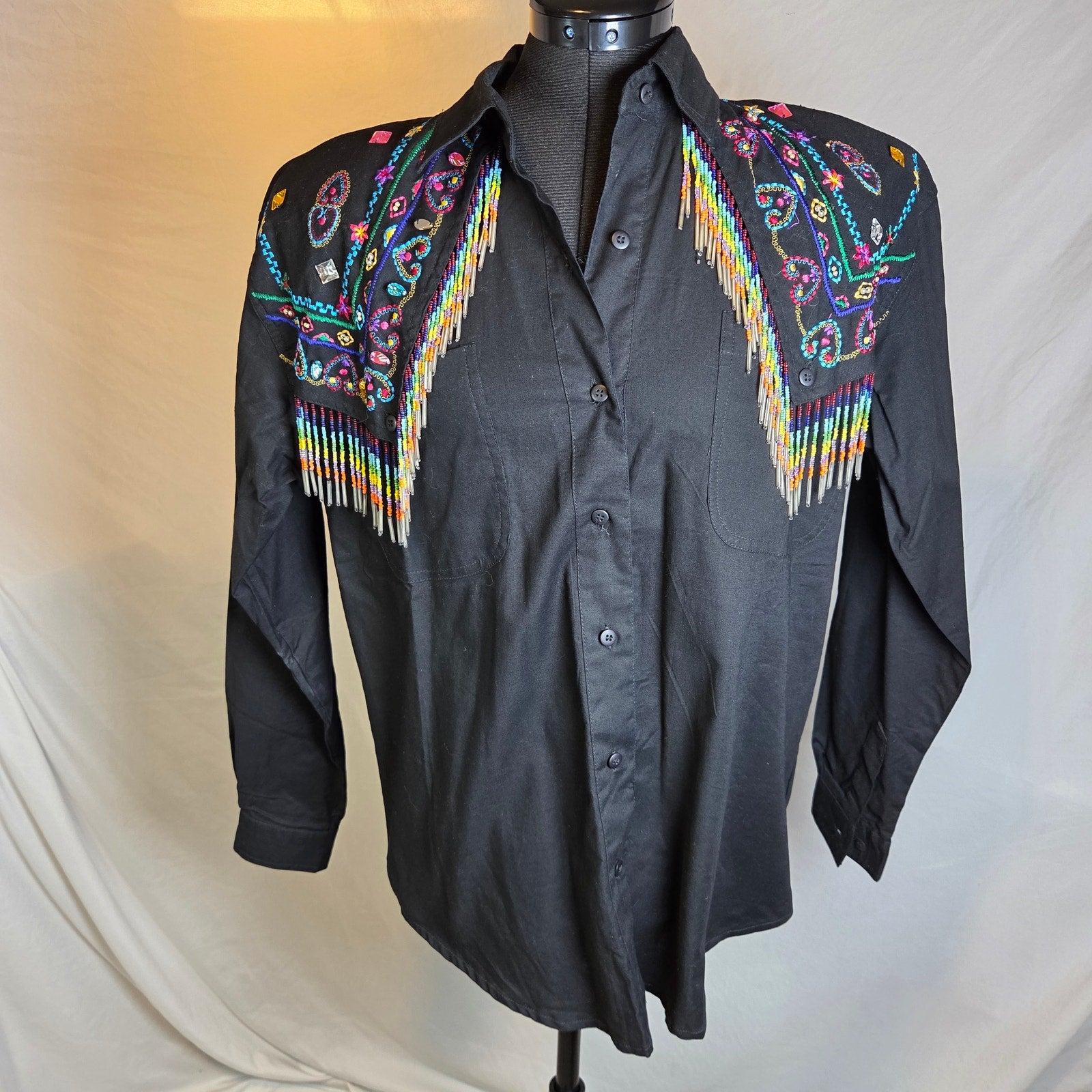 Side Saddle 1993 Beaded Fringe Western Button Shirt Black Cotton M Pad