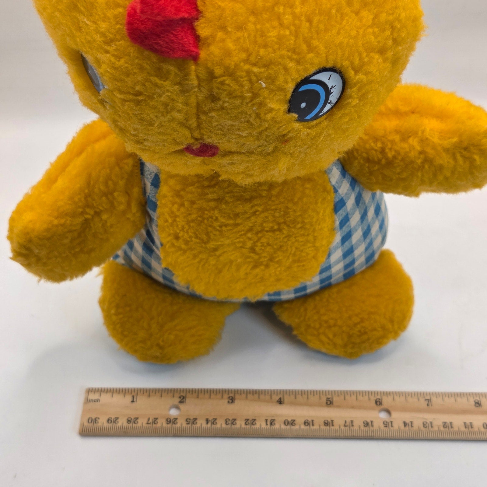 Vintage 1980s Plush Chick Yellow Stuffed Animal in Blue Gingham Romper Haiti
