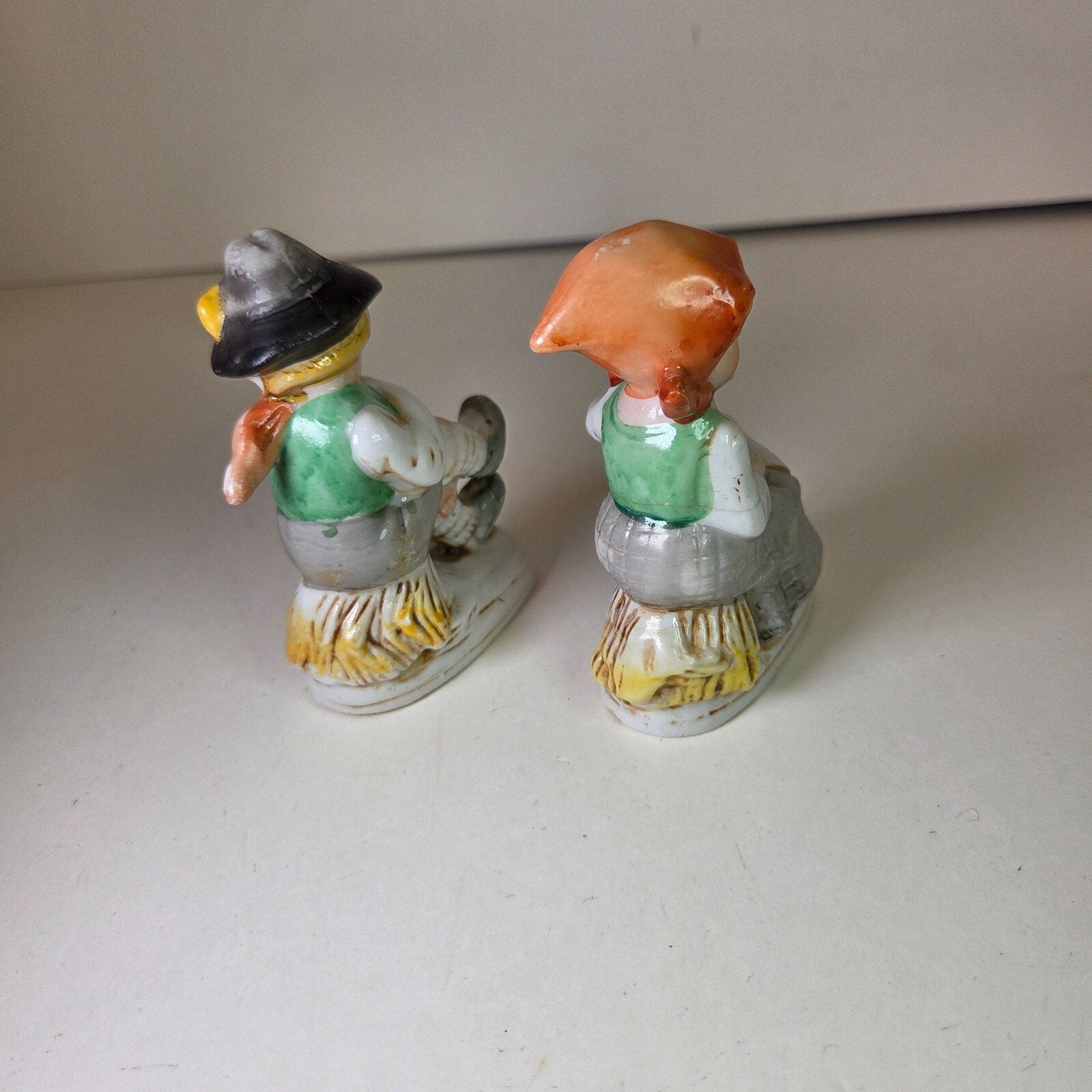 Vintage Japan Boy Playing Flute & Girl Sitting Ceramic Figurines 3.5in Pair