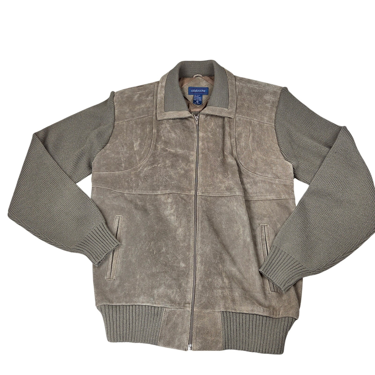 Claybrooke Cow Split Leather Knit Full Zip Sweater Jacket Men's XL Korea Vintage