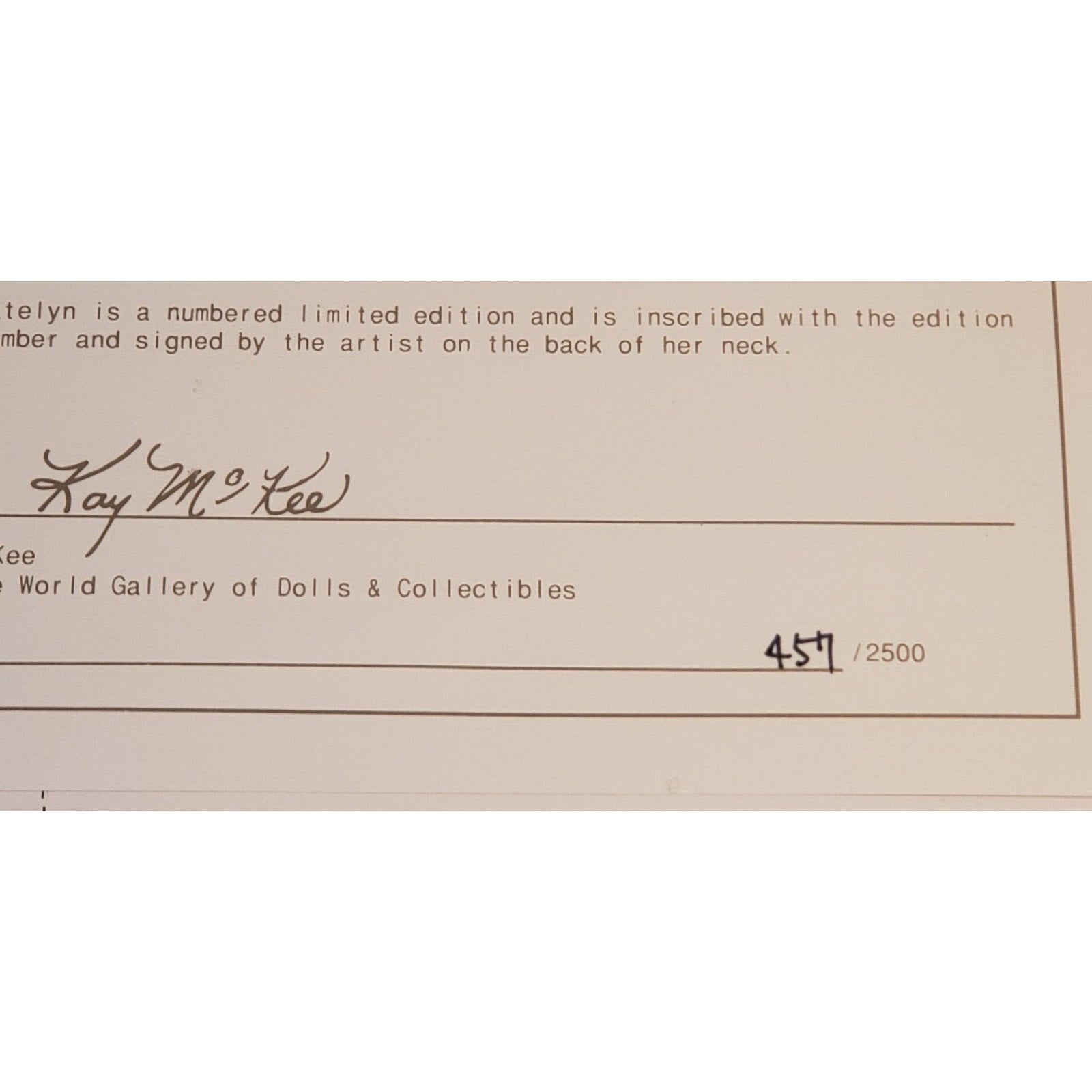 World Gallery Porcelain Doll "Katelyn" by Kay McKee 23" LE #457/2500 w/COA & Box