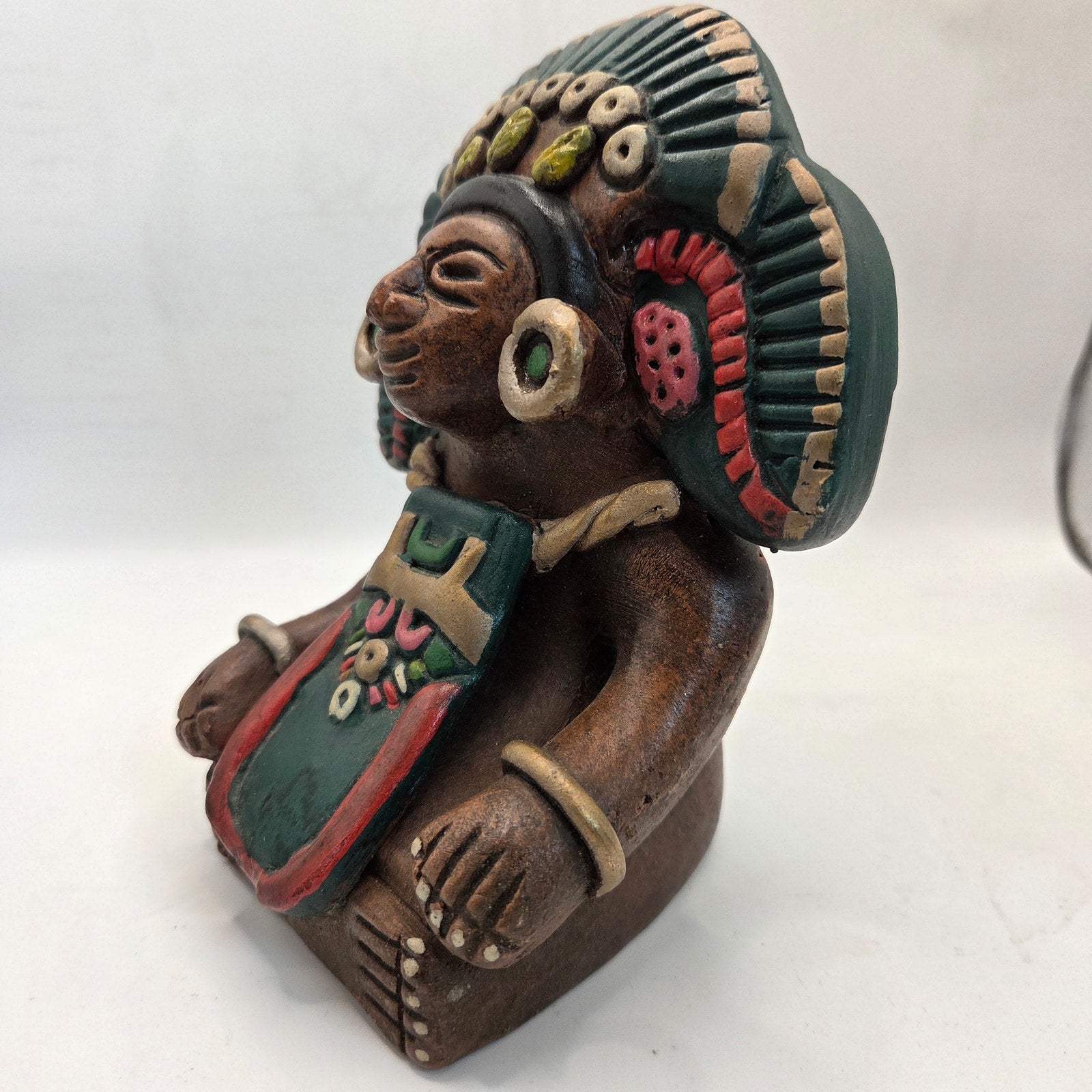 Vintage Mexican Hand Painted Clay Aztec Style Figure Statue 6.5" Folk Art