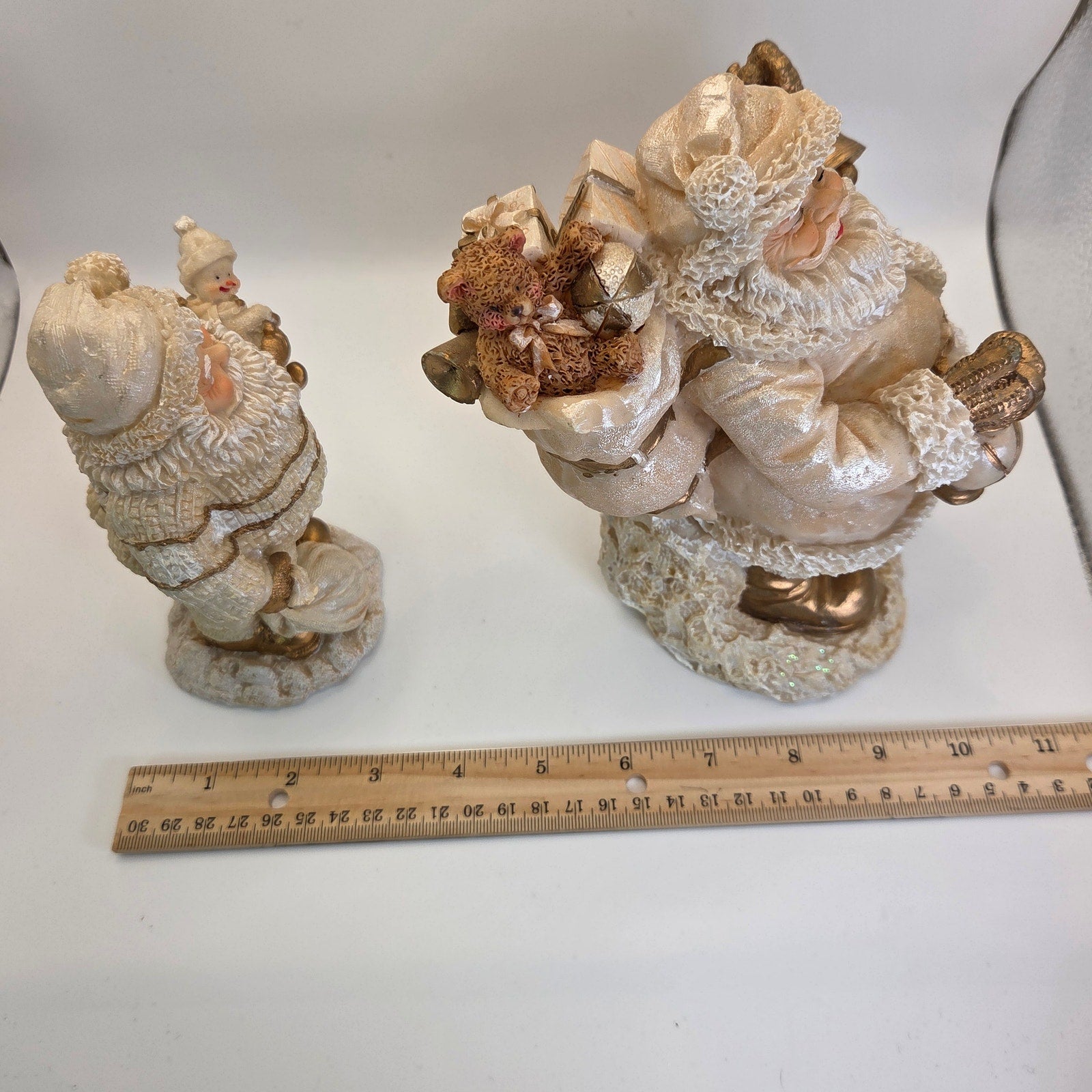 Lot of 2 White Santa Claus Figurines – Gold & Cream Christmas Holiday Decor
