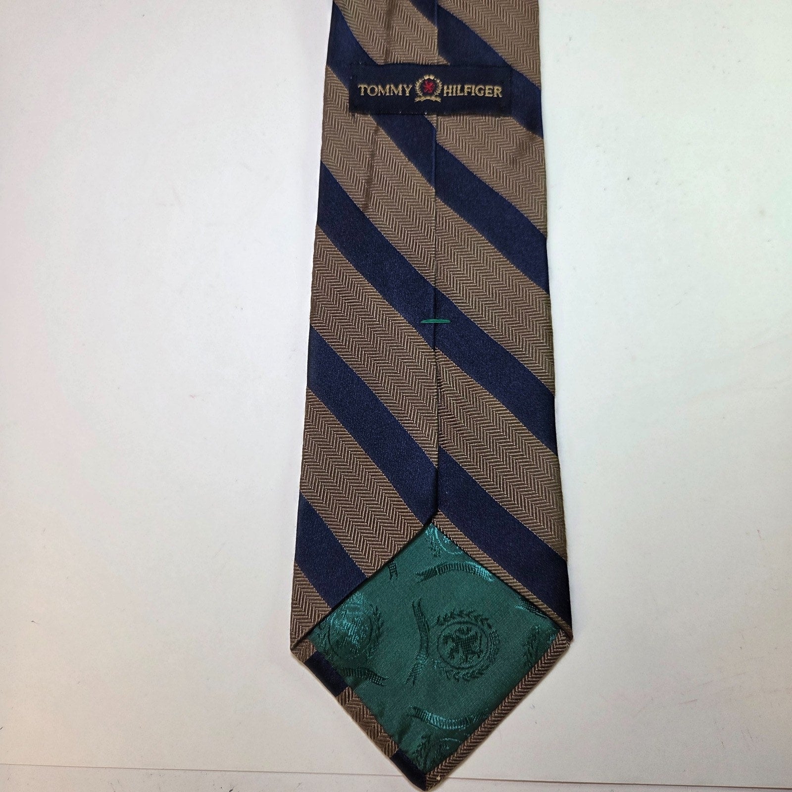 Tommy Hilfiger Navy Tan Striped Repp Tie 3.75" Classic USA Made