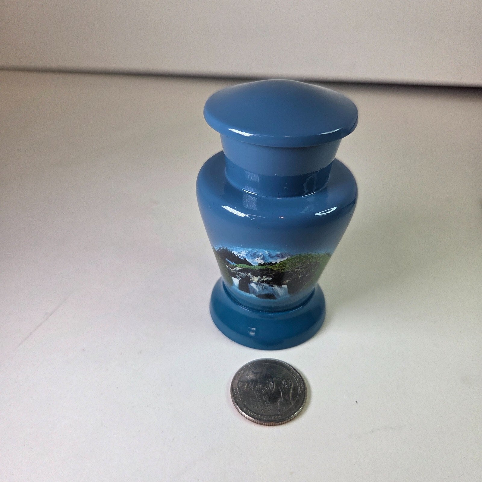 Mountain Blue Scenery Small Cremation Keepsake, Urn for Ashes 3" Aluminum