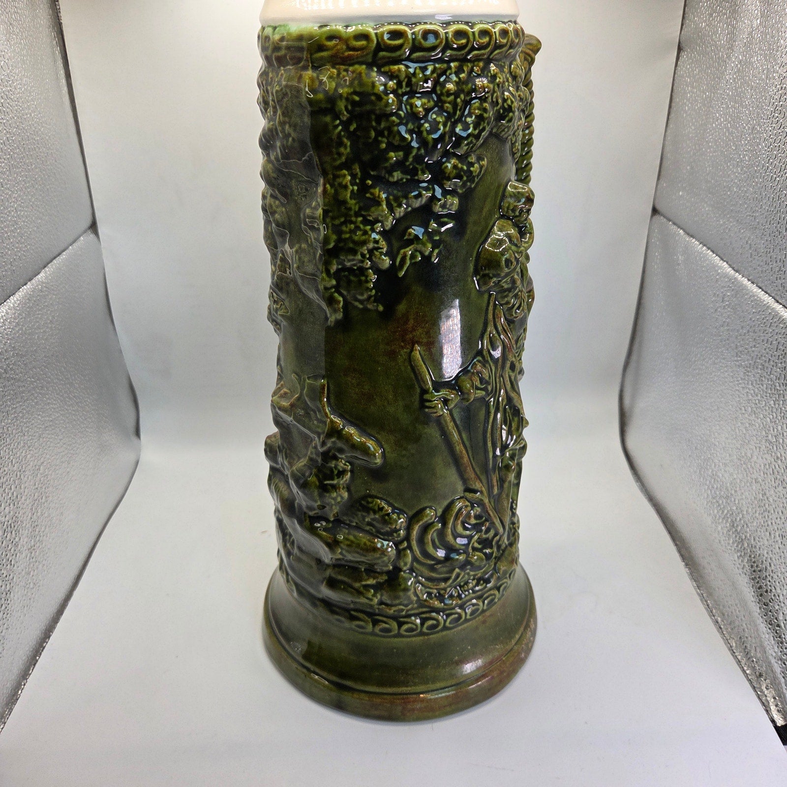 Large 17″ German Style Beer Stein Signed Sam Ceramic Relief with Lid