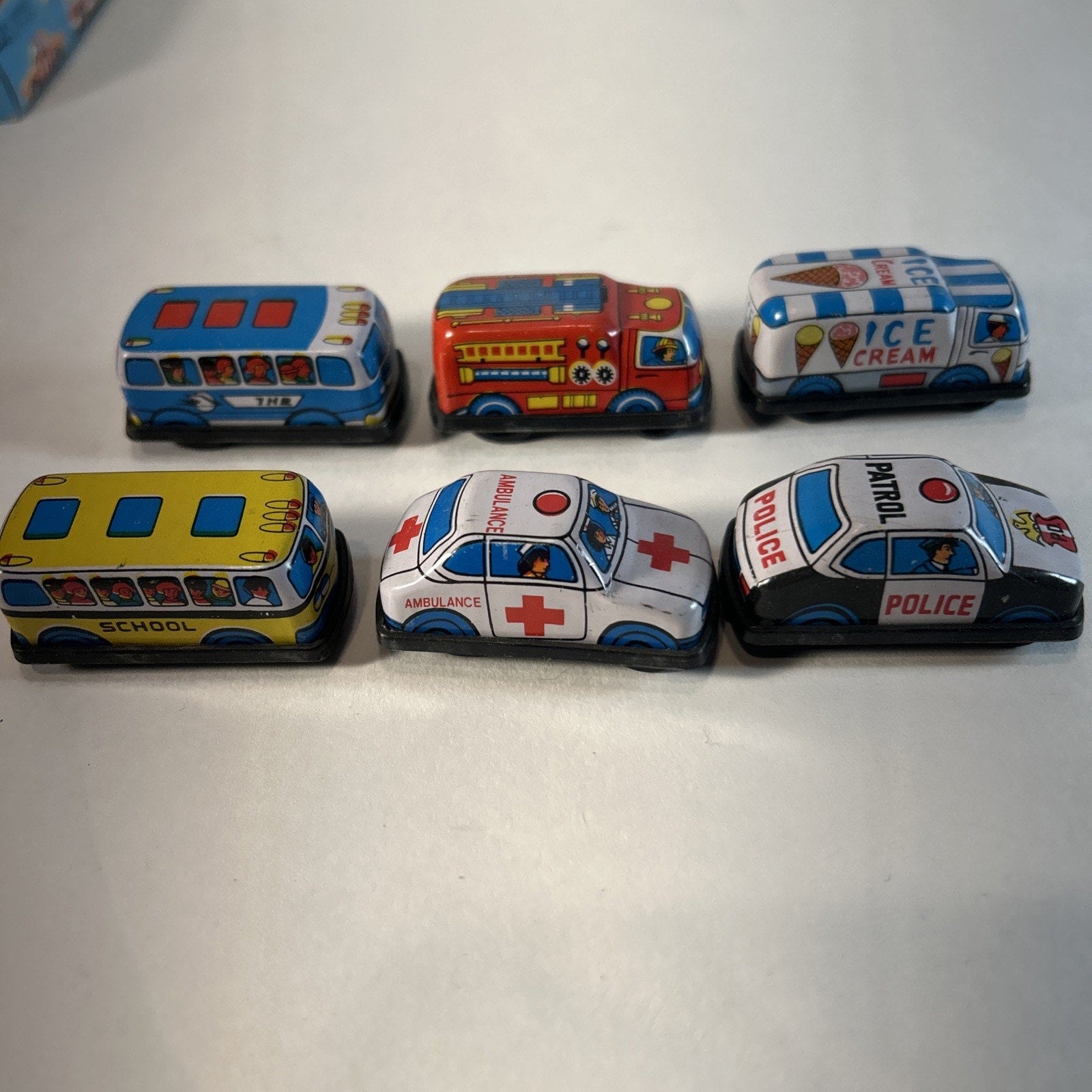 Vintage Tin Litho Friction Super Mini Toy Car Set w/ Display Taiwan 12pc