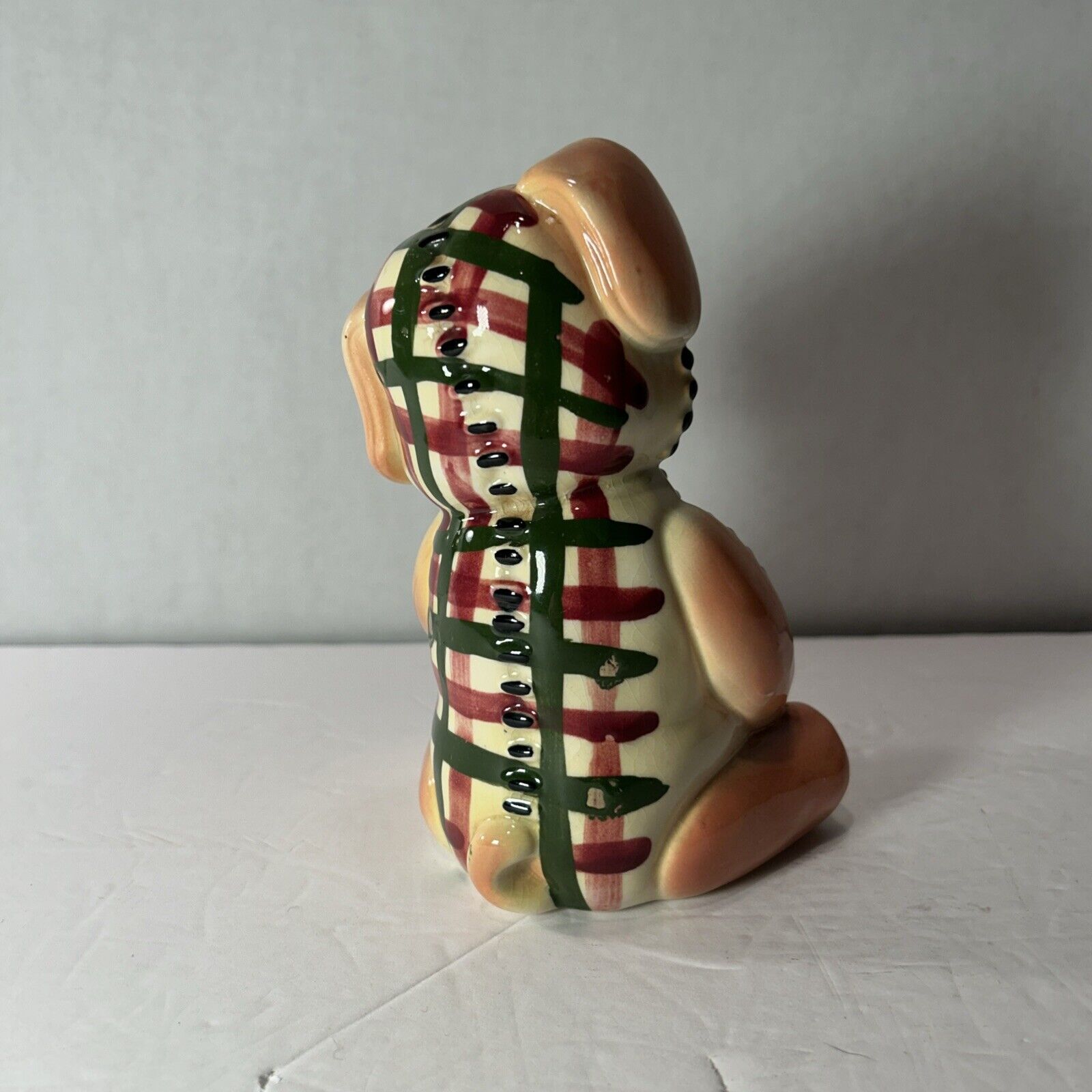 Vintage Patchwork Dog Figurine Hand Painted Ceramic 1950s 1960s Folk Art
