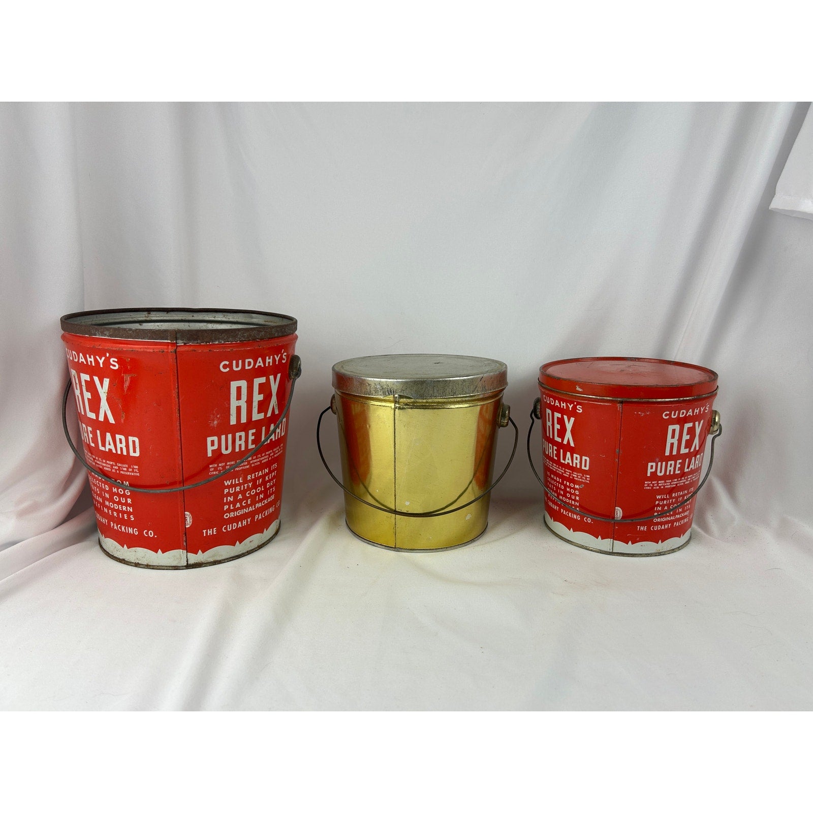 Cudahy’s Rex Pure Lard Vintage Metal Container Tin Bucket Lot of 3- 4, 5 & 8 lb.