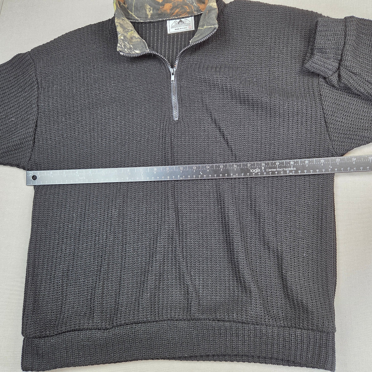 Black Mountain USA Waffle Knit 1/4 Zip Sweater Camo Collar Mens Large Black