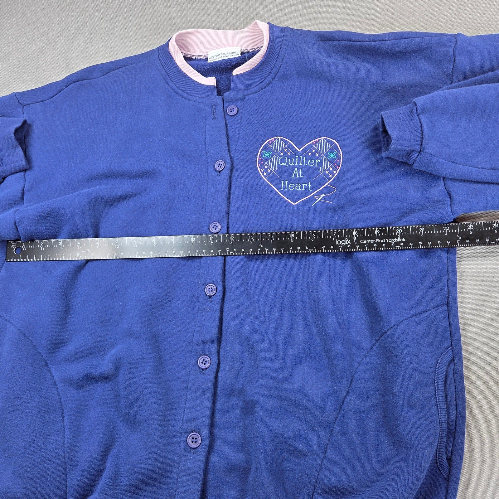 Vintage Quilter At Heart Embroidered Button Front Sweatshirt Womens XL Blue