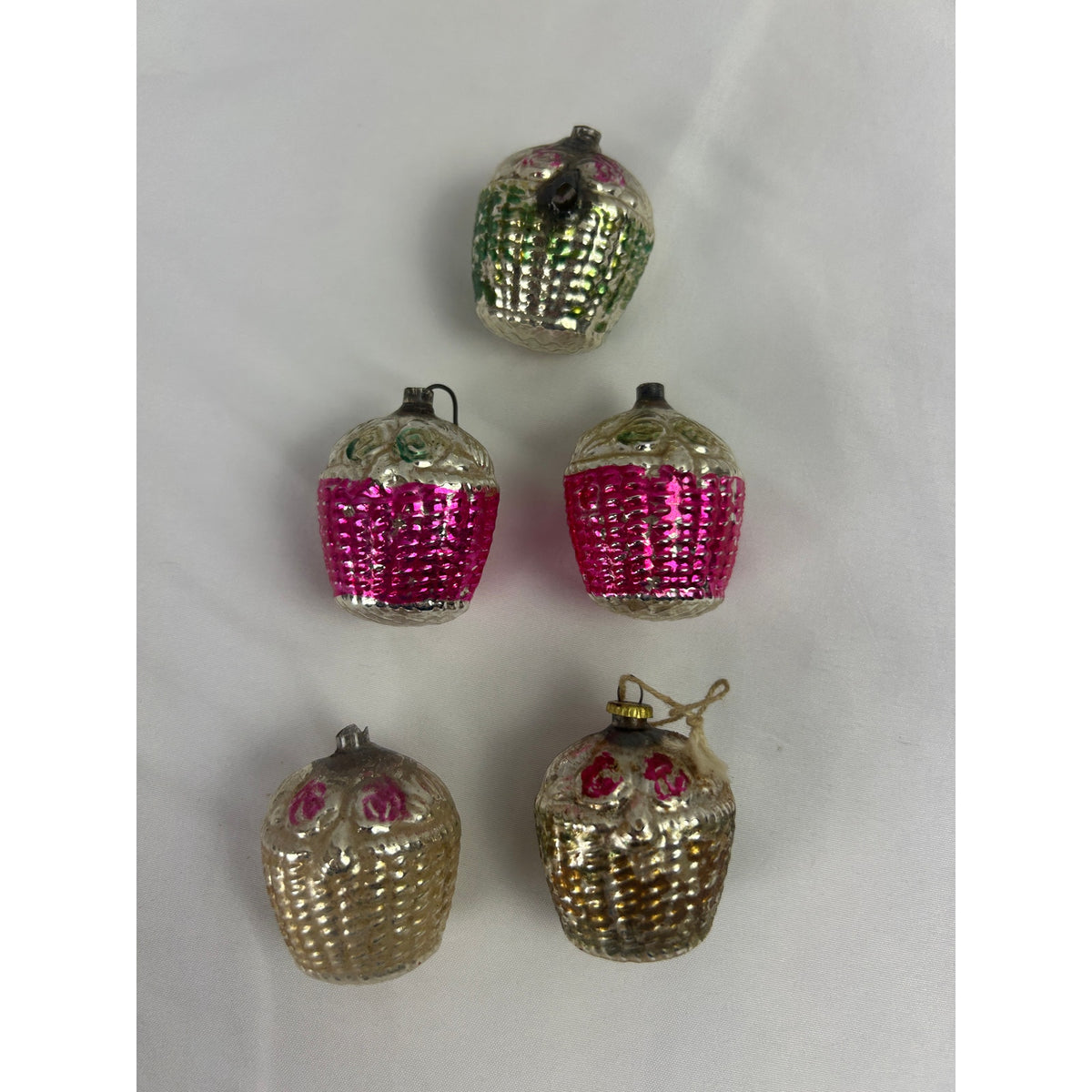 1930s Mercury Glass Flower Basket Christmas Ornaments Hand Painted Lot of 5