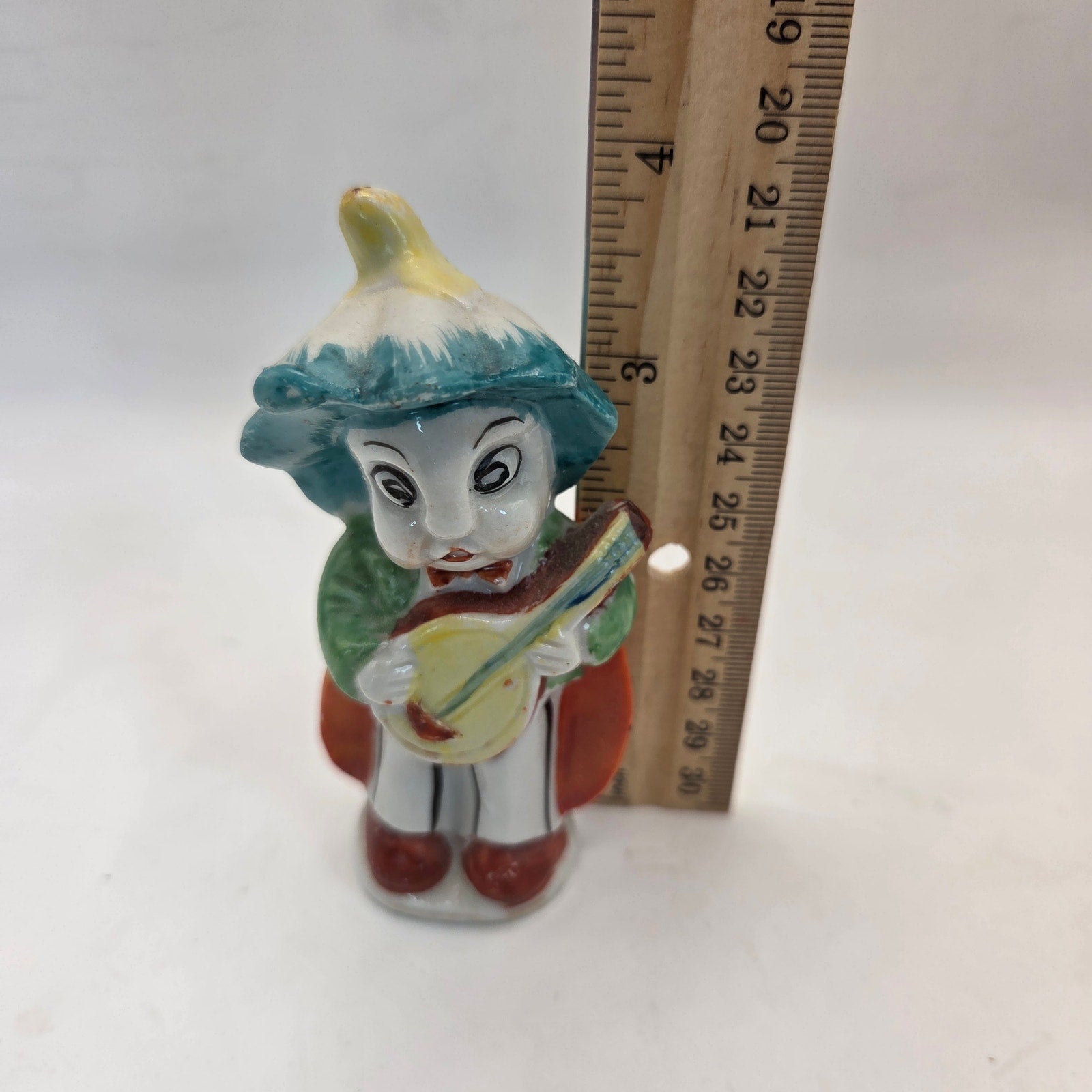 Vintage Japan Pixie Figurine Mushroom Hat Ladybug Wings Mandolin Player 3.75”