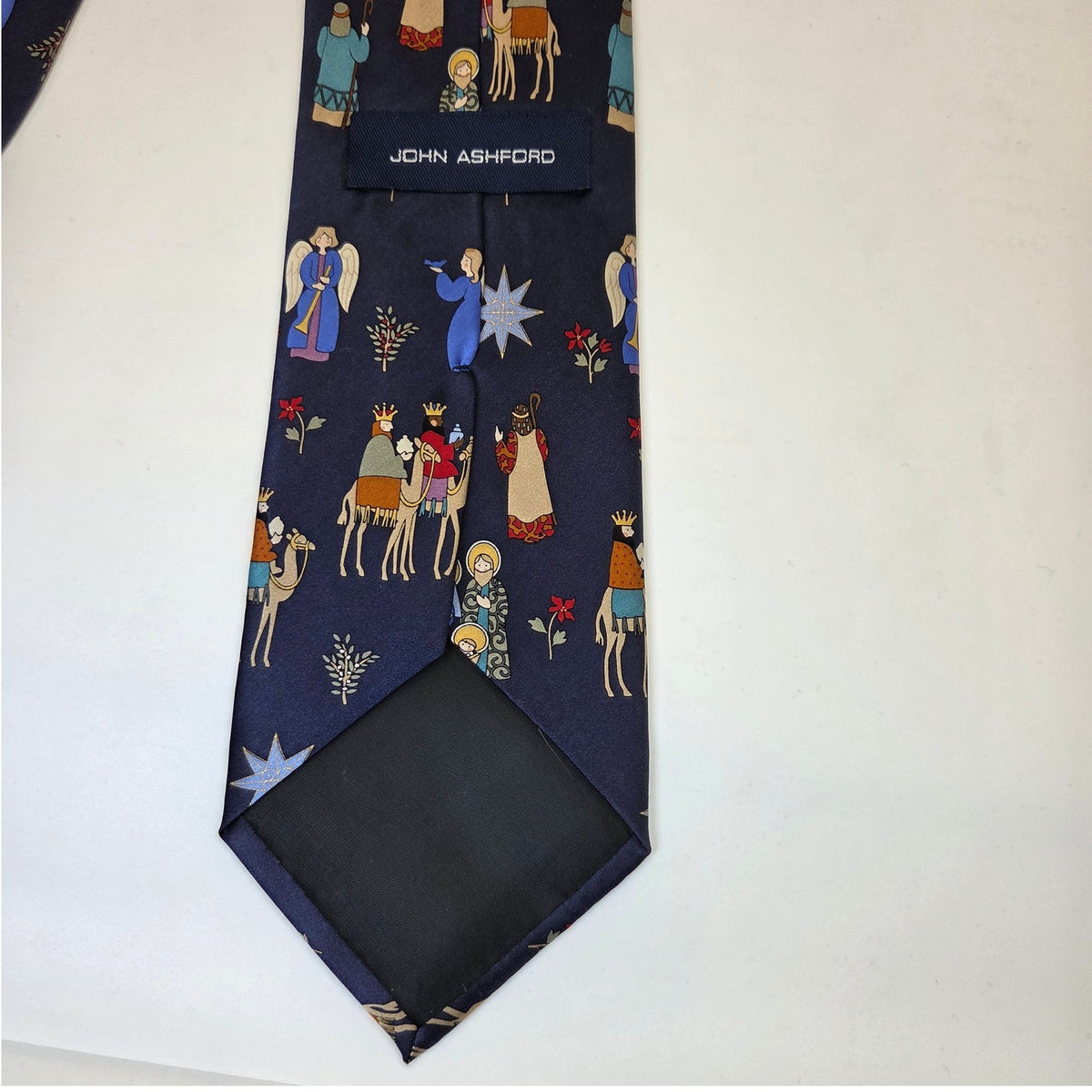 John Ashford Nativity Christmas Silk Tie Angels Wise Men Blue Handmade