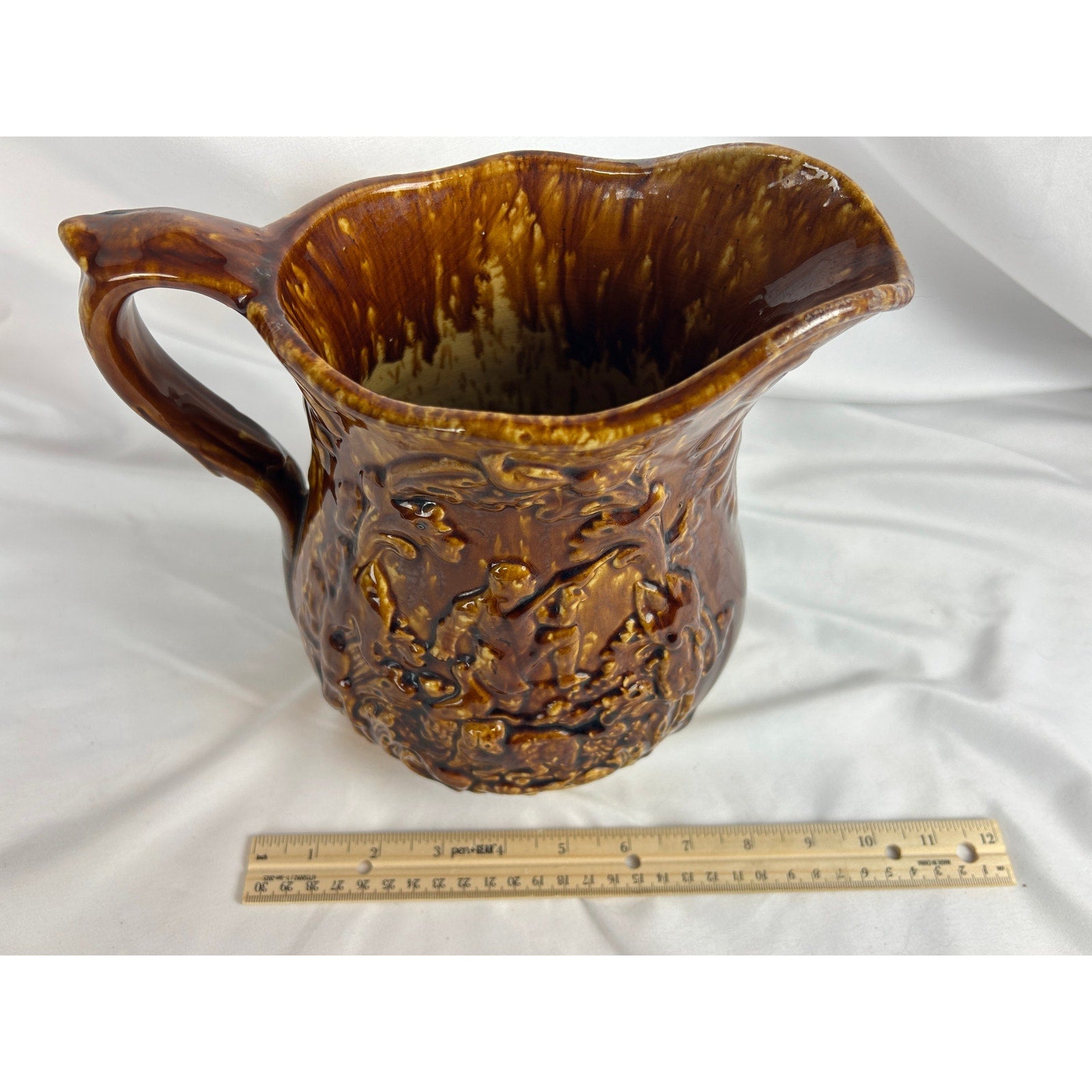 Vintage Rockingham Glaze Pitcher Relief Hunting Scene Dogs Stoneware
