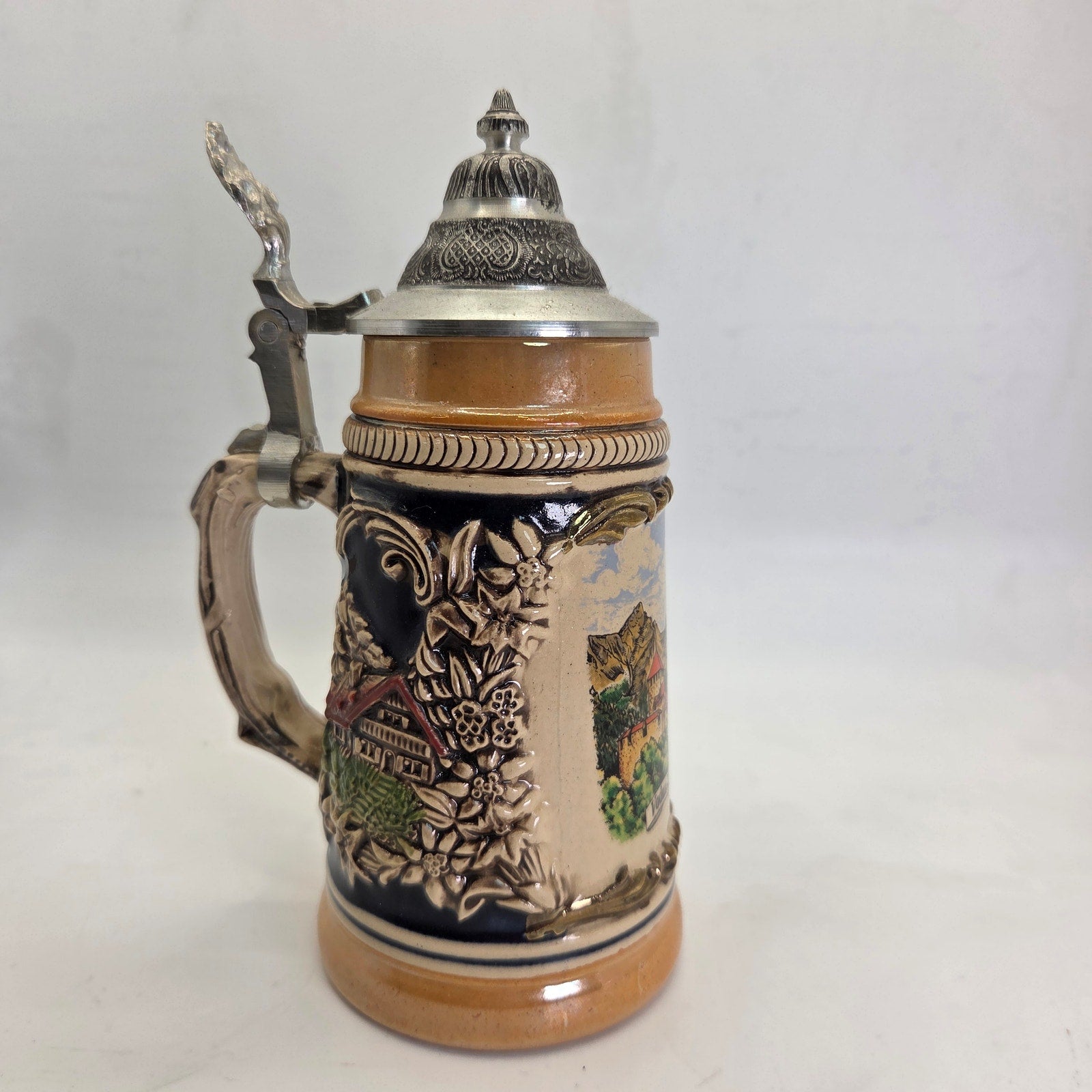 Vintage German Beer Stein Vaduz Liechtenstein Handarbeit Pewter Lid 7”