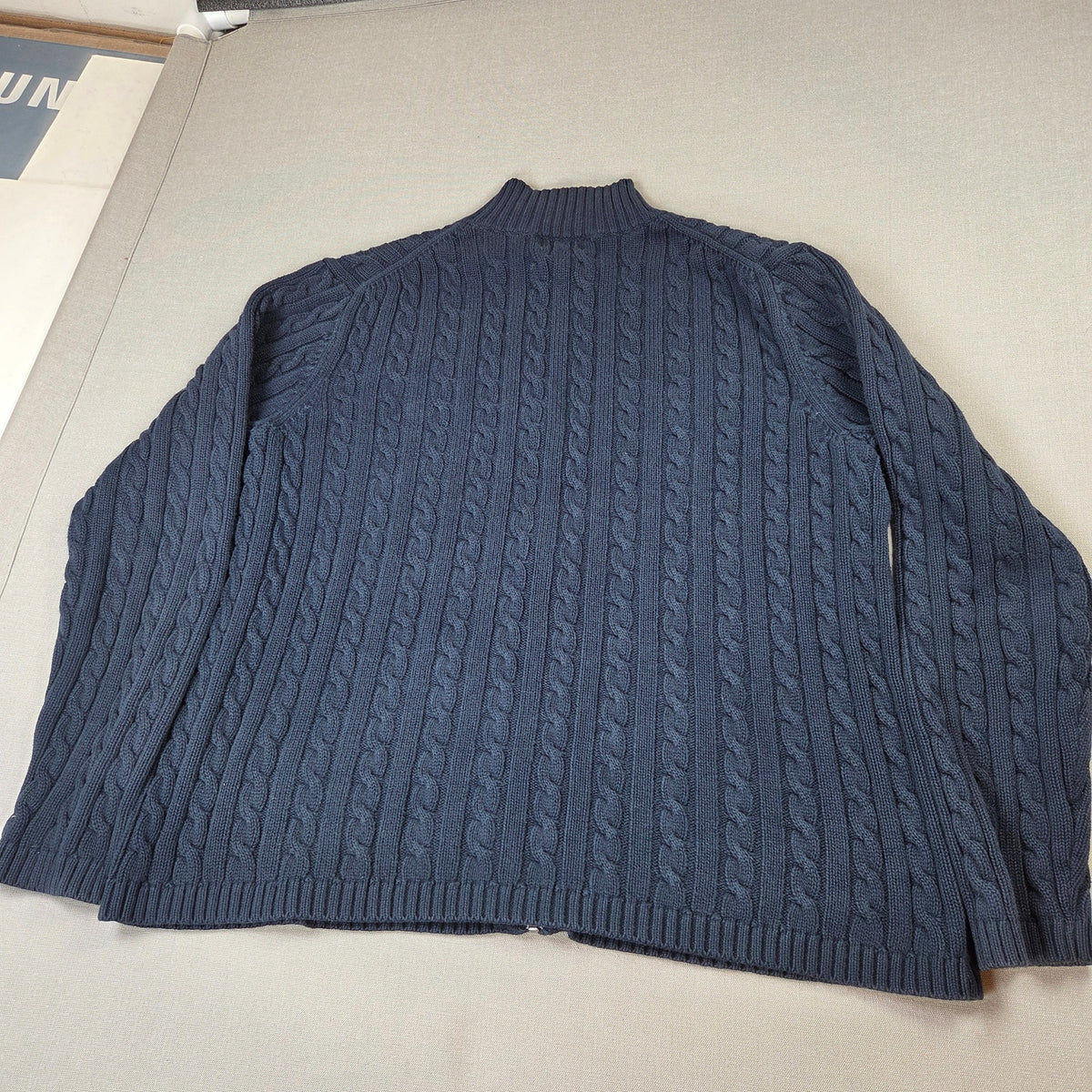 Vintage LL Bean Womens XL Cotton Cable Knit Full Zip Mock Neck Sweater Hong Kong