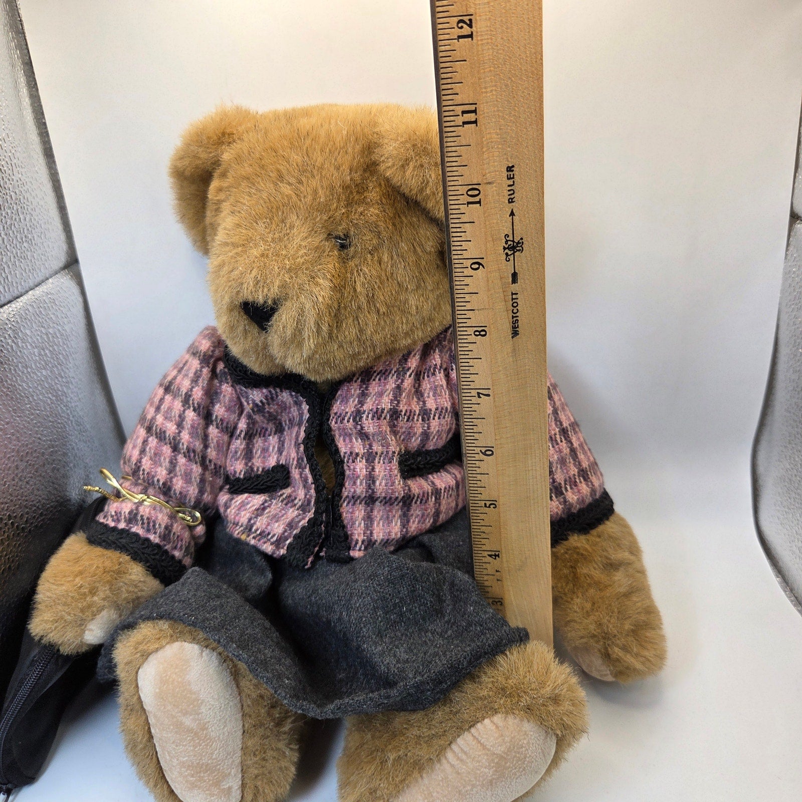 Vermont Teddy Bear Co 1994 Jointed Bear w Pink Plaid Outfit & Purse Made USA