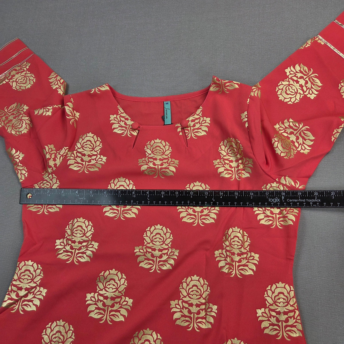 Janasya Womens M Red Gold Floral Foil Print Crepe Kurti Indian Tunic Top NWT