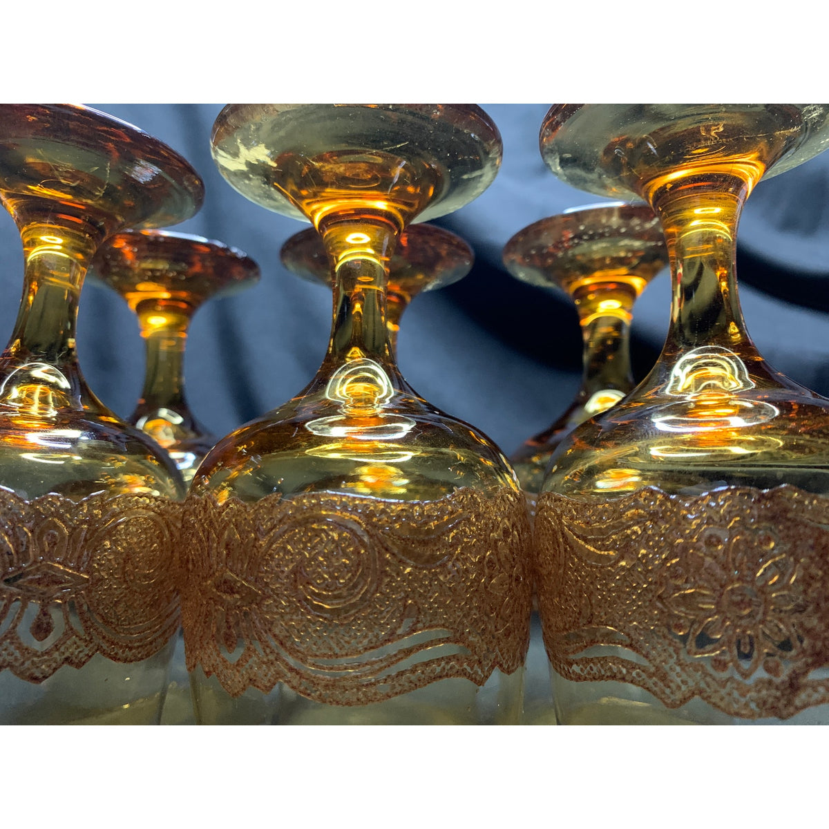Vintage Libbey Americana Amber Wine Goblets Embossed Floral Set of 6