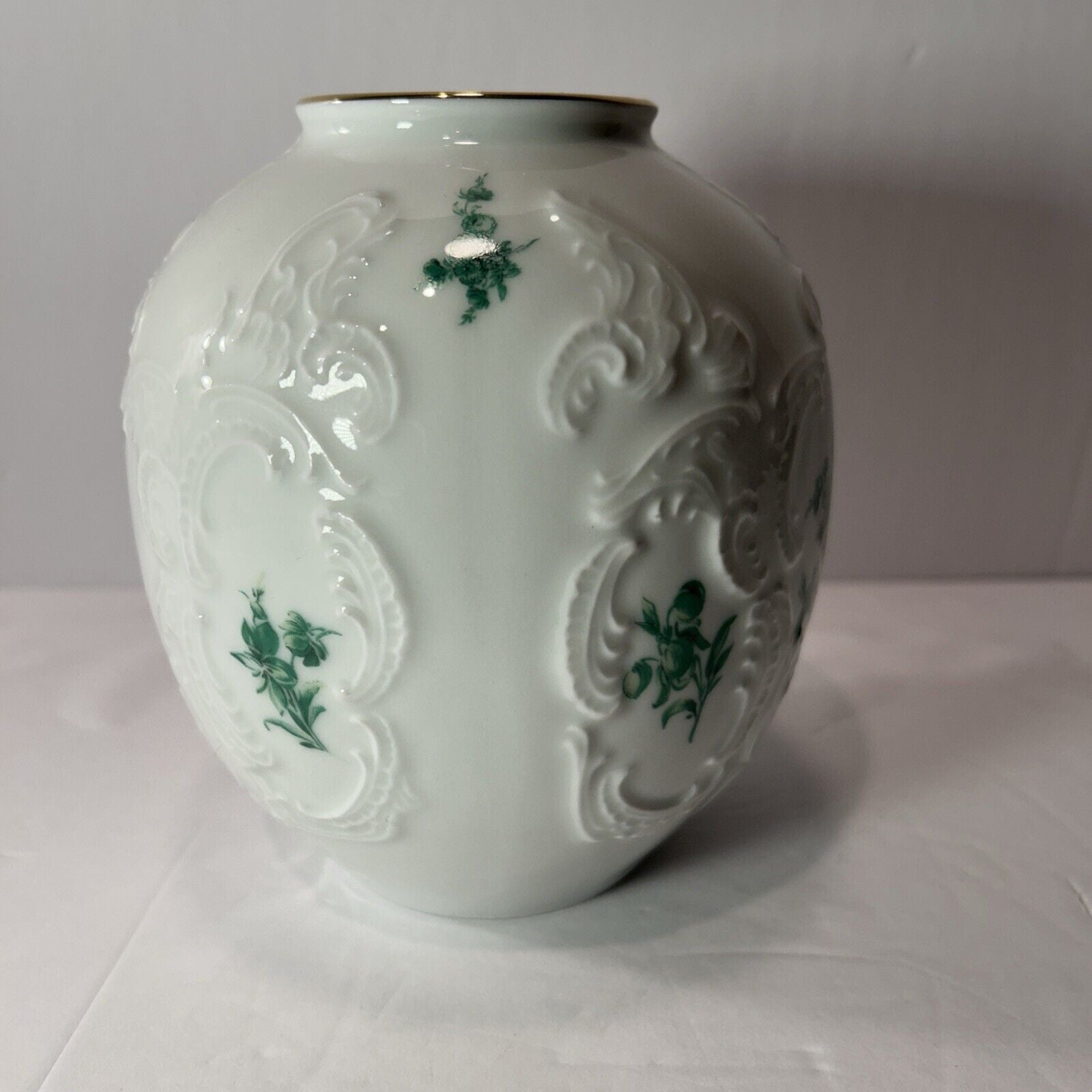 Vintage KPM Bavaria Royal Porcelain Vase Embossed Floral Green Gold Rim Germany