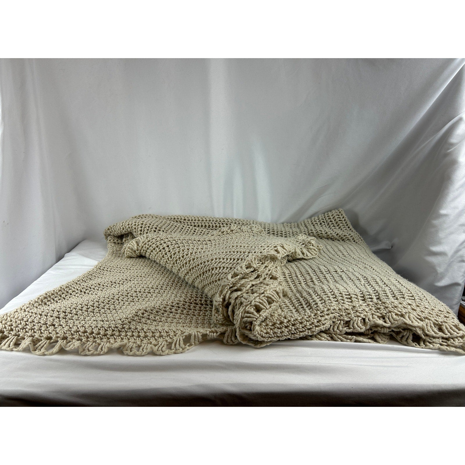 Vintage Hand Crocheted Blanket 60x70 Cream Cotton Throw Fringe