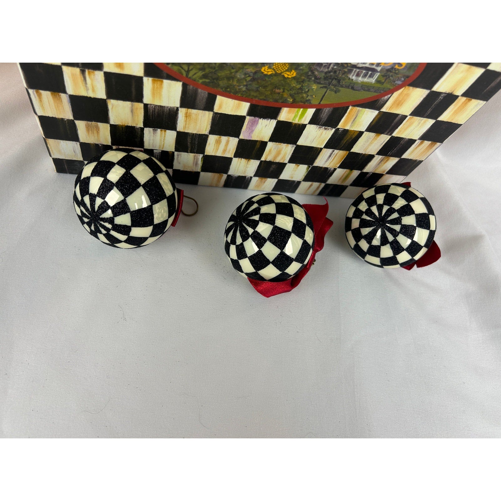 MacKenzie-Childs Courtly Check Ball Ornaments Set of 3 w/ Box Holiday Decor