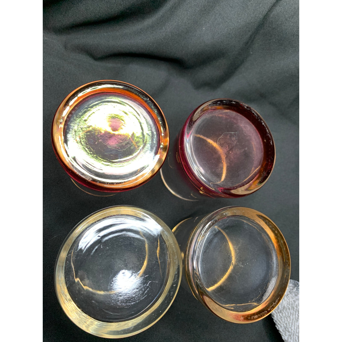 Set of 4 Gold Rim Lowball Rocks Glasses Colored Heavy Bases Barware