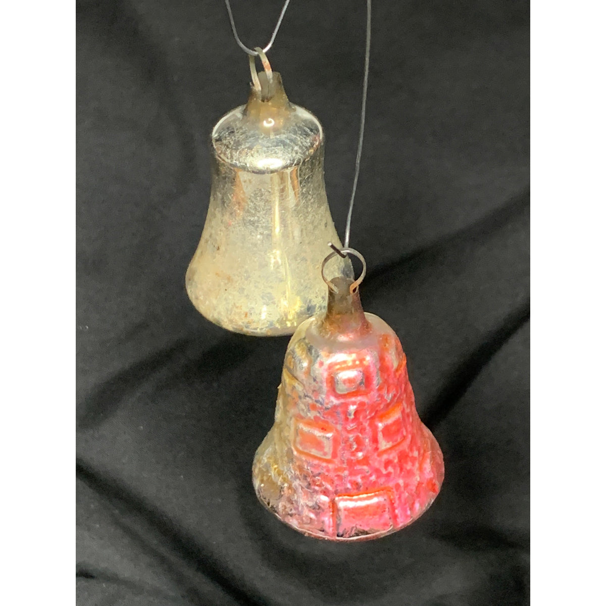 Vintage Glass Christmas Bell Ornaments Lot of 2 Red Silver Molded Embossed